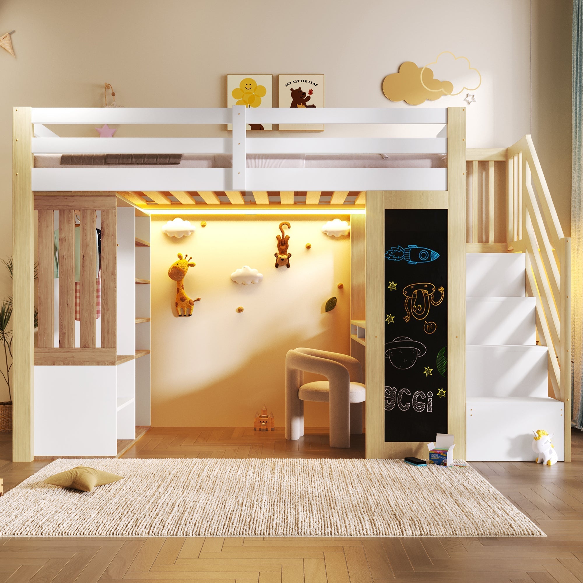 Loft Bed 90x200 with Desk, Wardrobe and LED Lighting, White and Natural