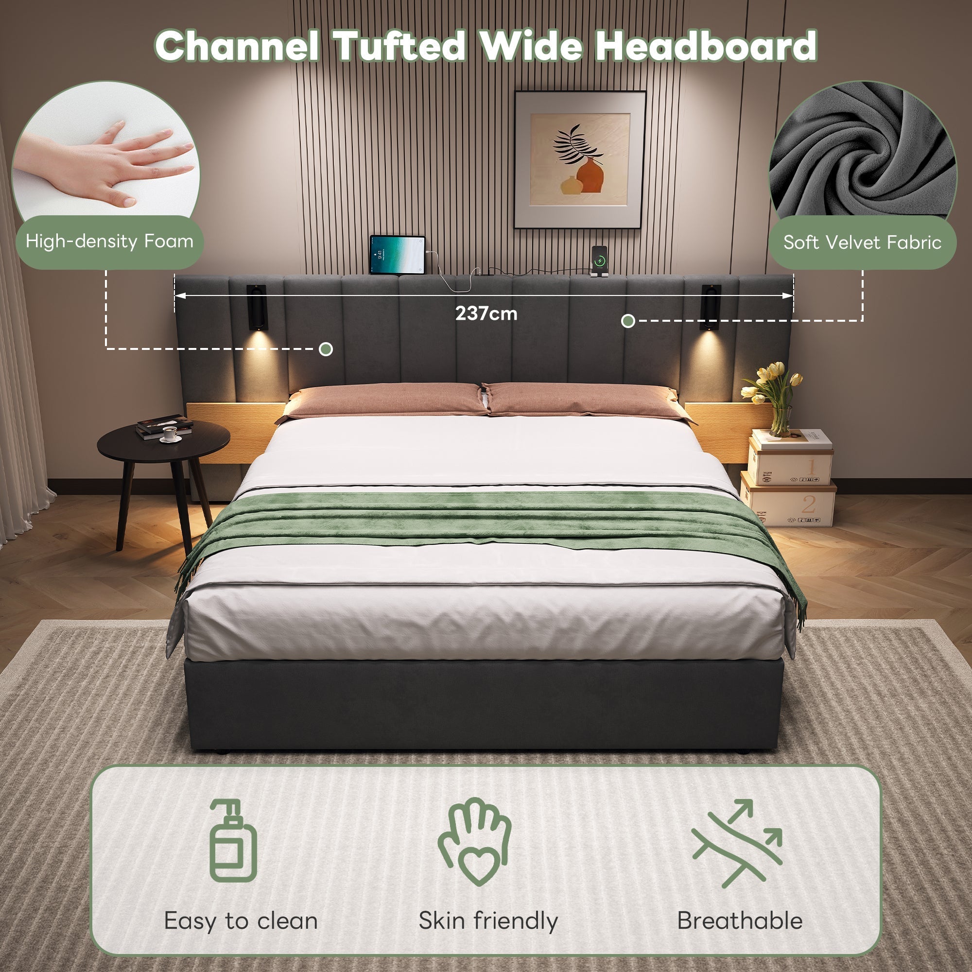 King Upholstered Bed with Charging Station, Hydraulic Storage, Reading Light, Grey Velvet