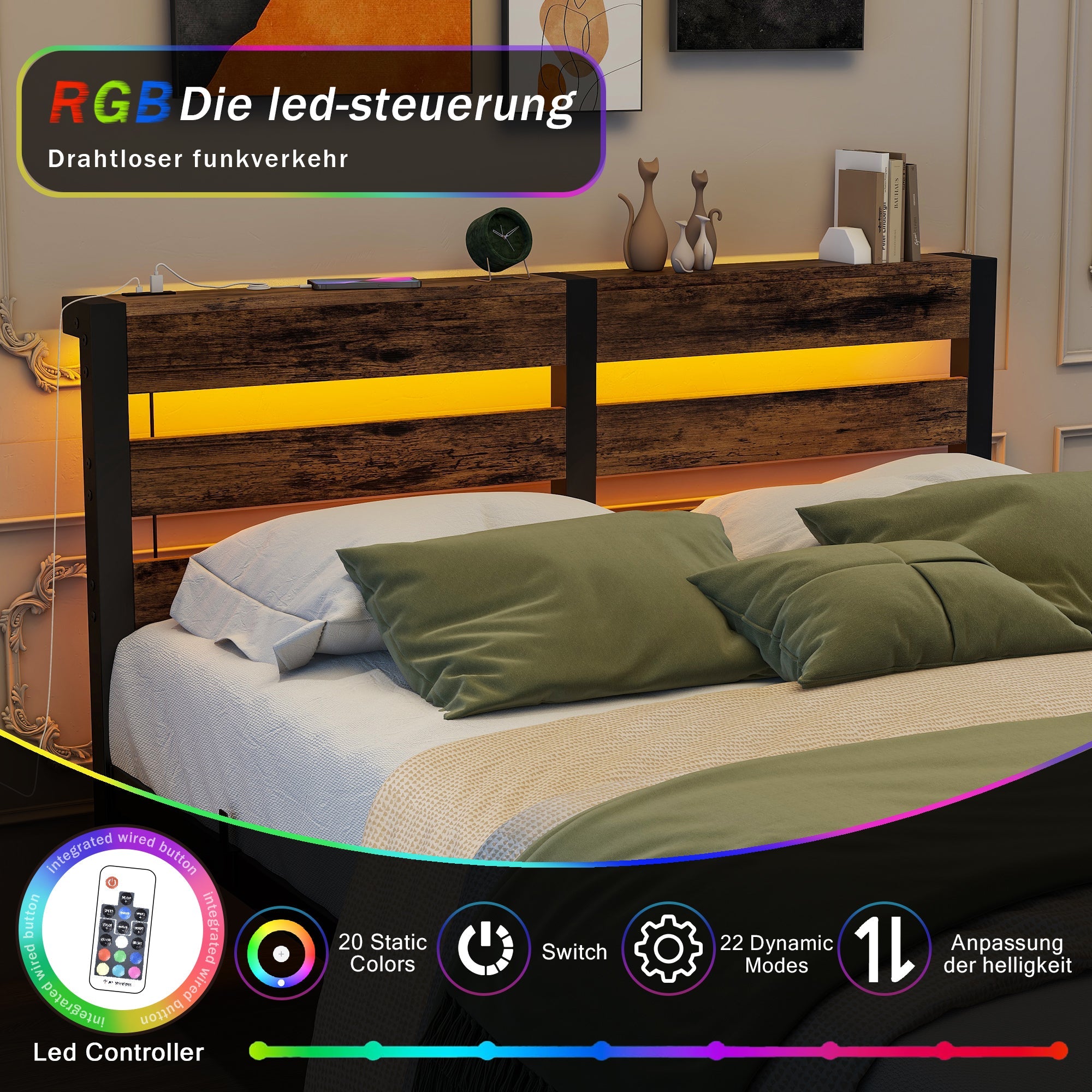 Metal Bed 120x200cm LED USB Storage - Metal