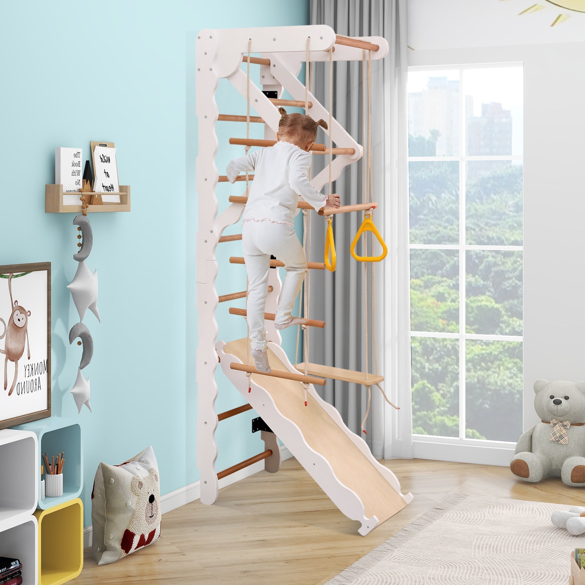 6-in-1 multifunctional climbing frame, wall bars, slide, swing, crawling ladder, pull-up area, rings, 50 kg, plywood, solid wood, beech
