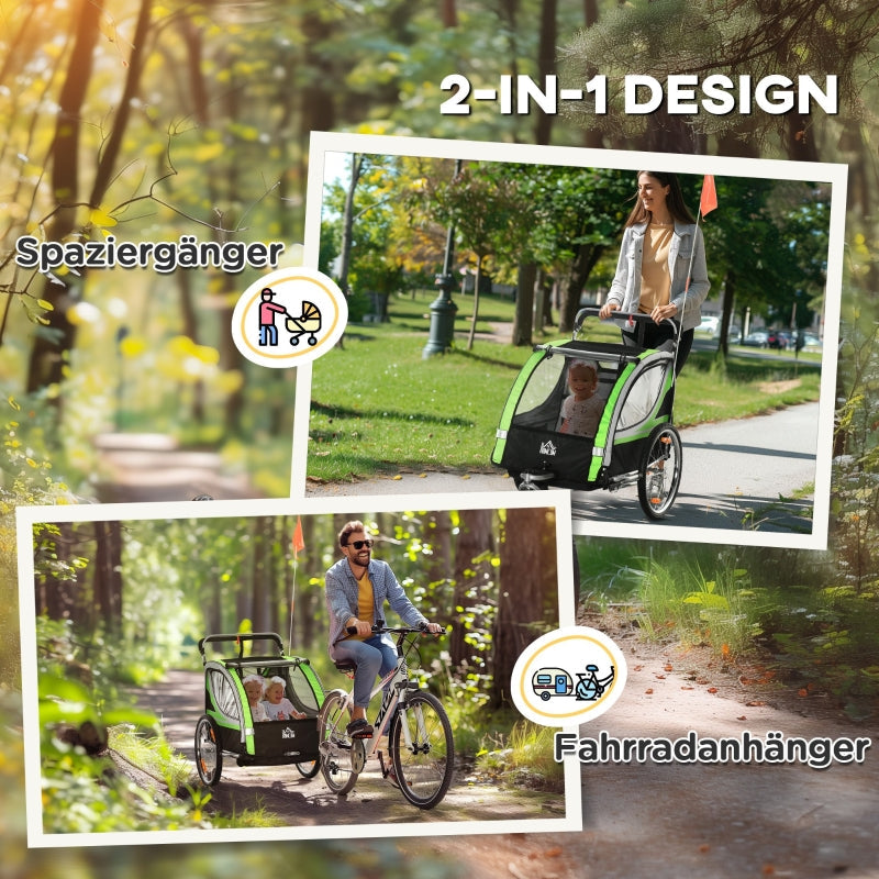 2-in-1-Fahrradanhänger, 2 Kinder, Schiebewagen, Regenverdeck, Bremse, Grün
