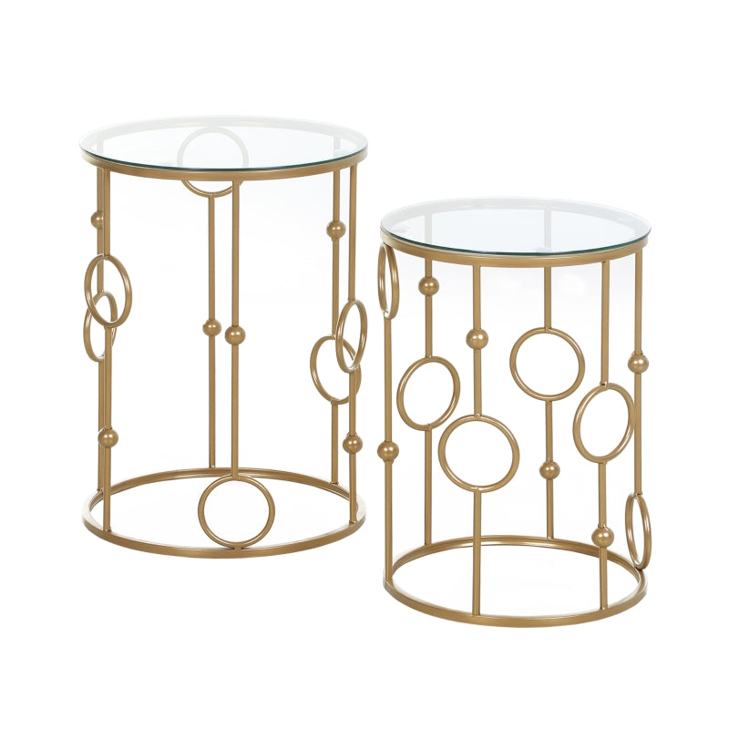 Set of 2 Coffee Tables, Glass Tops, Hoop and Ball Design, Gold