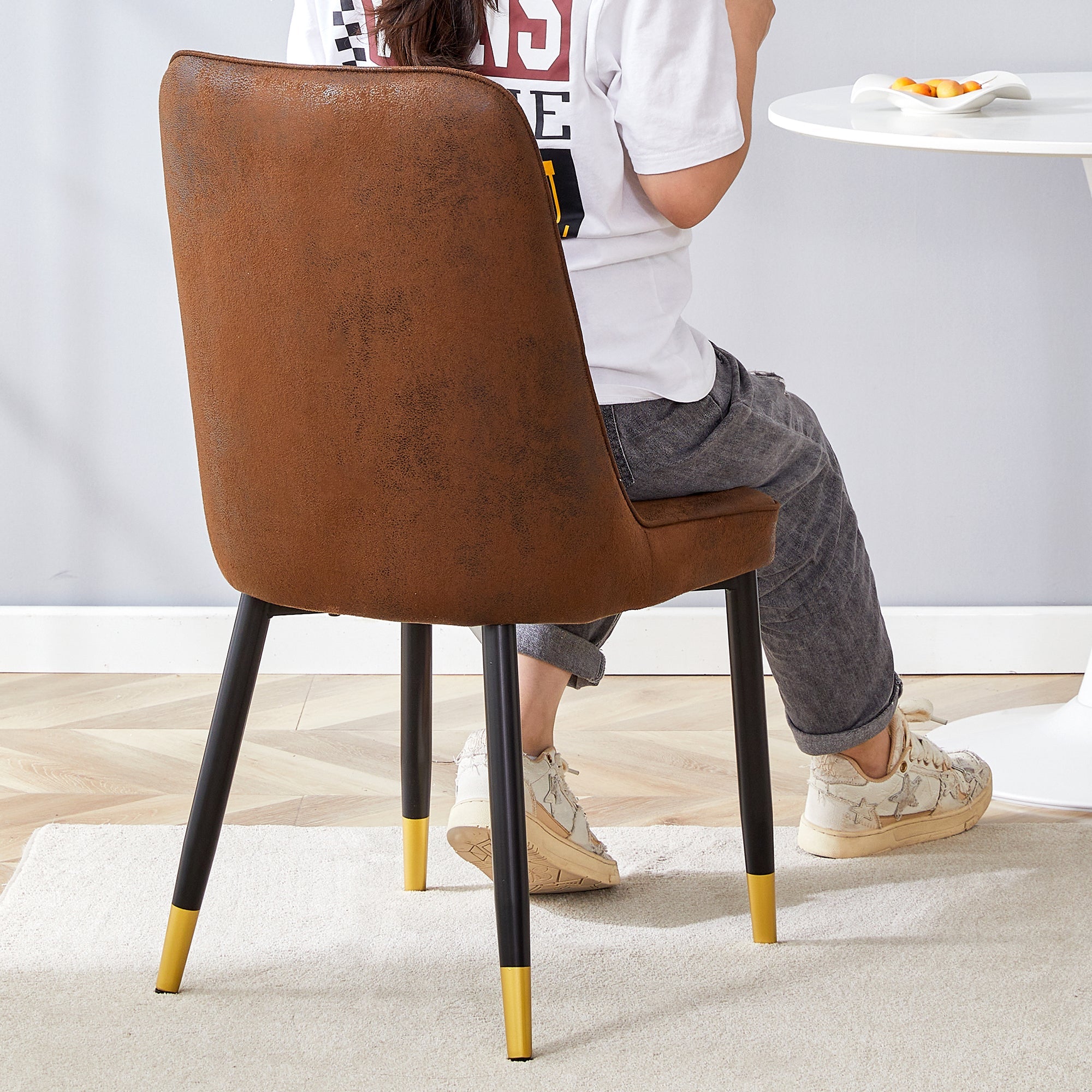 Set of 2 Dining Chairs Modern Tech Fabric Black Metal Legs - Brown