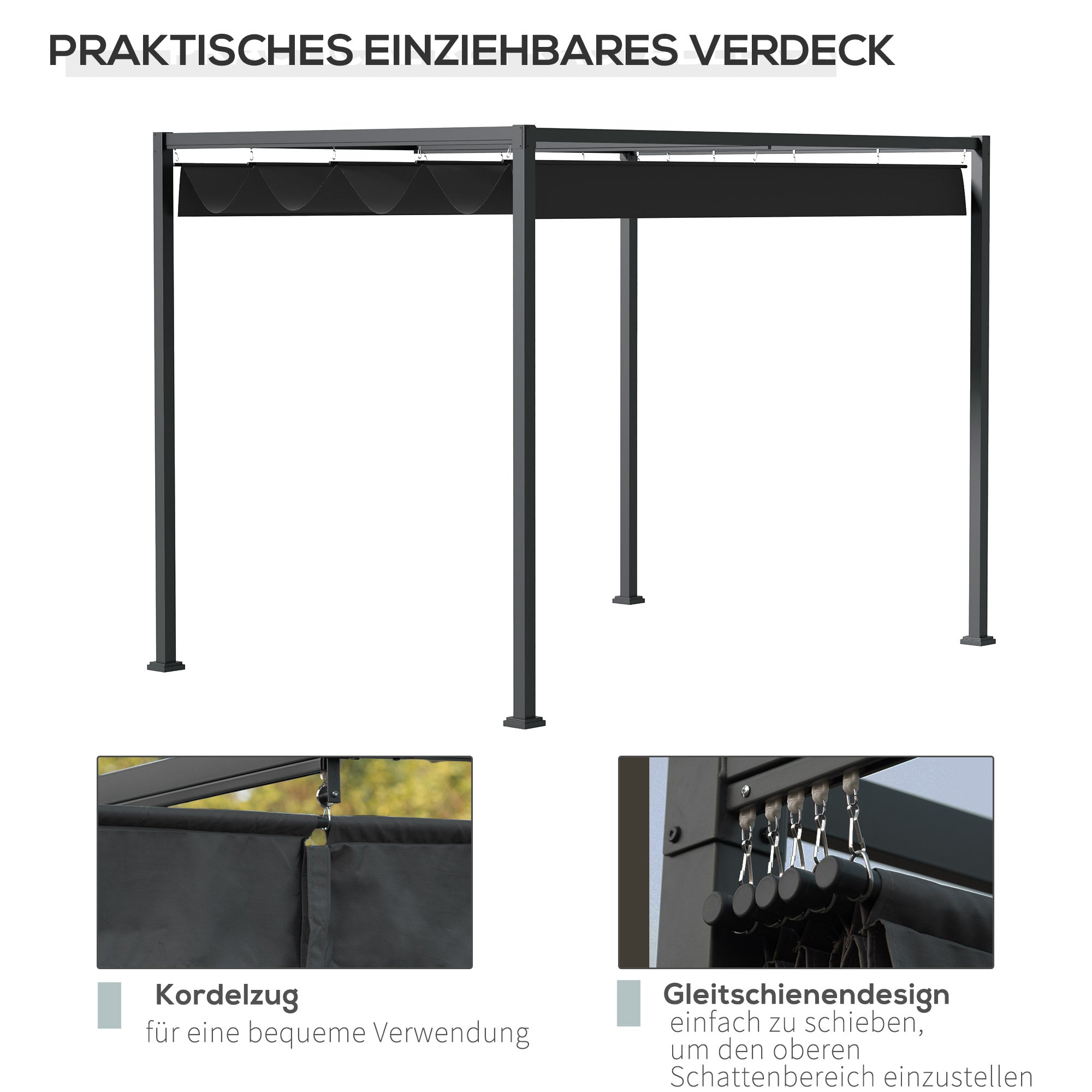 Pergola Pavilion Patio Cover with Sliding Roof 298x213x221cm Polyester Black Grey