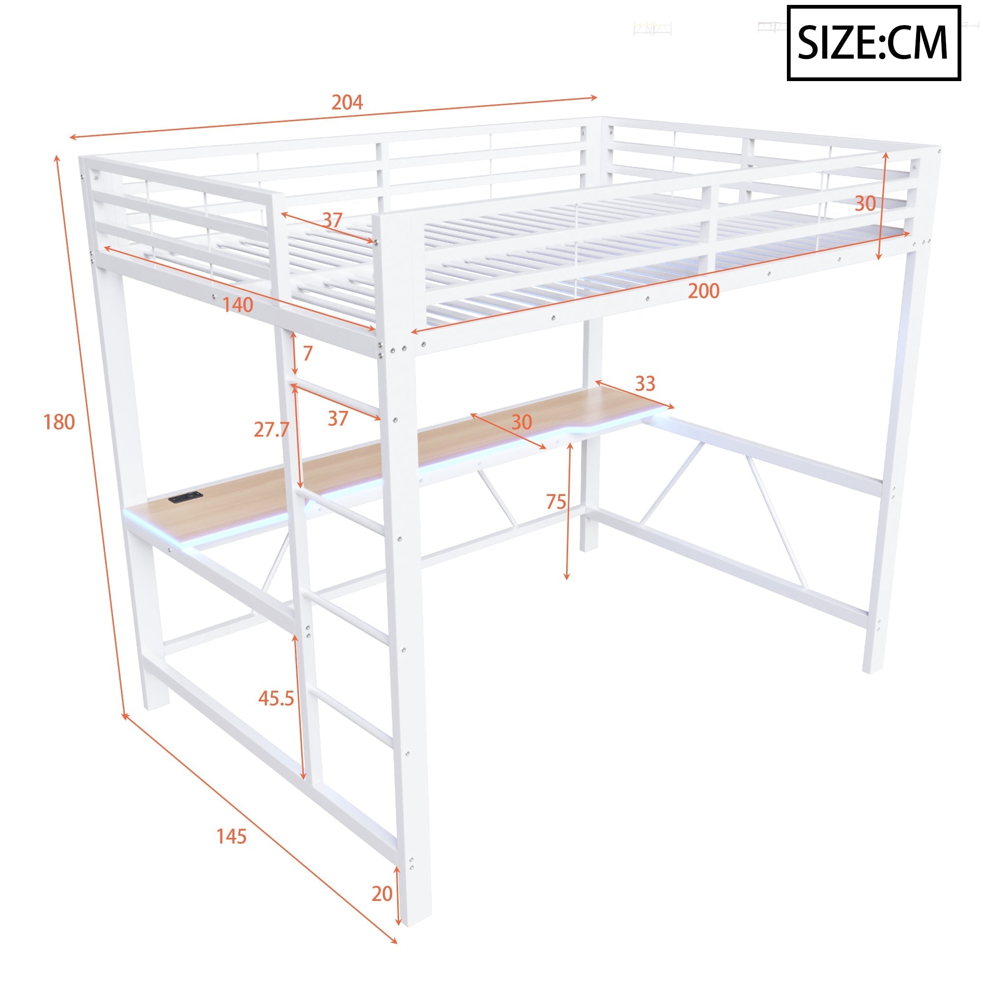 Gaming Metal Loft Bed Frame with LED Lighting, USB Charging Station and Desk, White