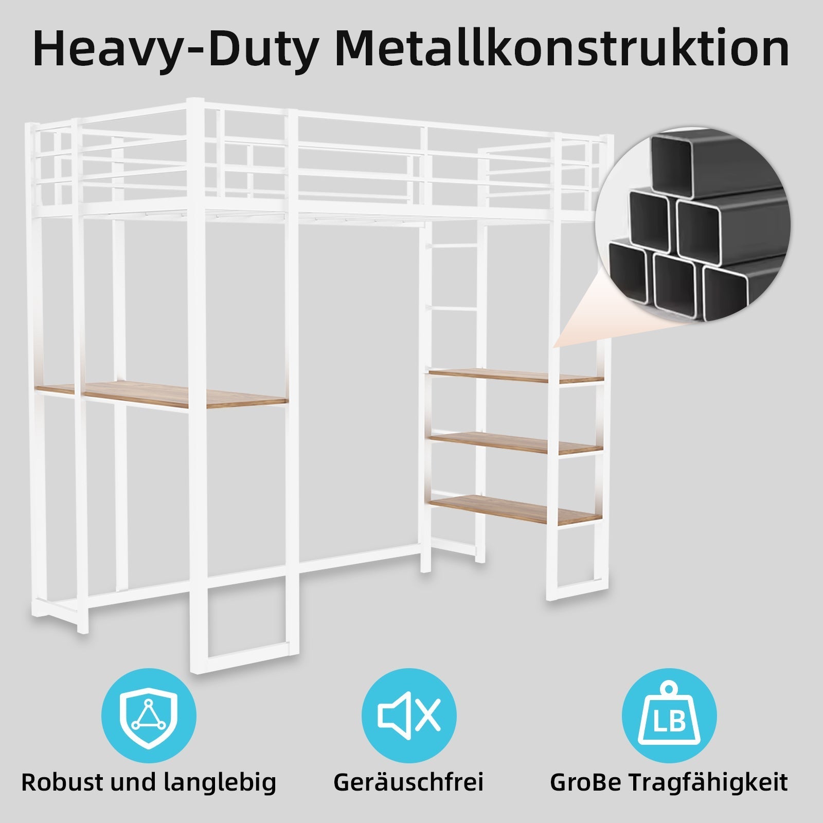 Iron Frame Bed, L-Shaped Desk, Railing, Stairs, Metal