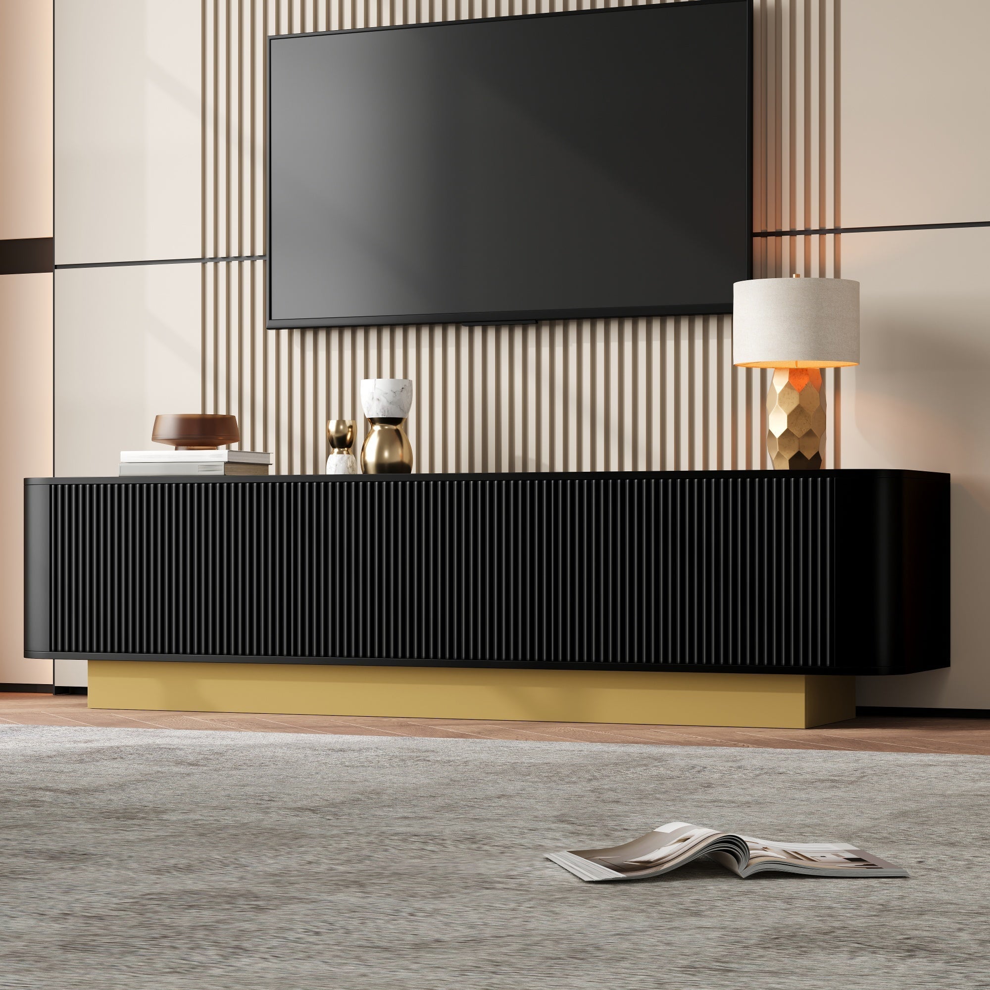 Modern TV Stand with Storage and Textured Front, Black
