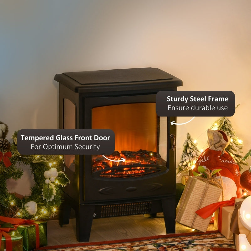 Freestanding Electric Fireplace Heater 900W/1800W Adjustable Flame Tempered Glass Black Metal