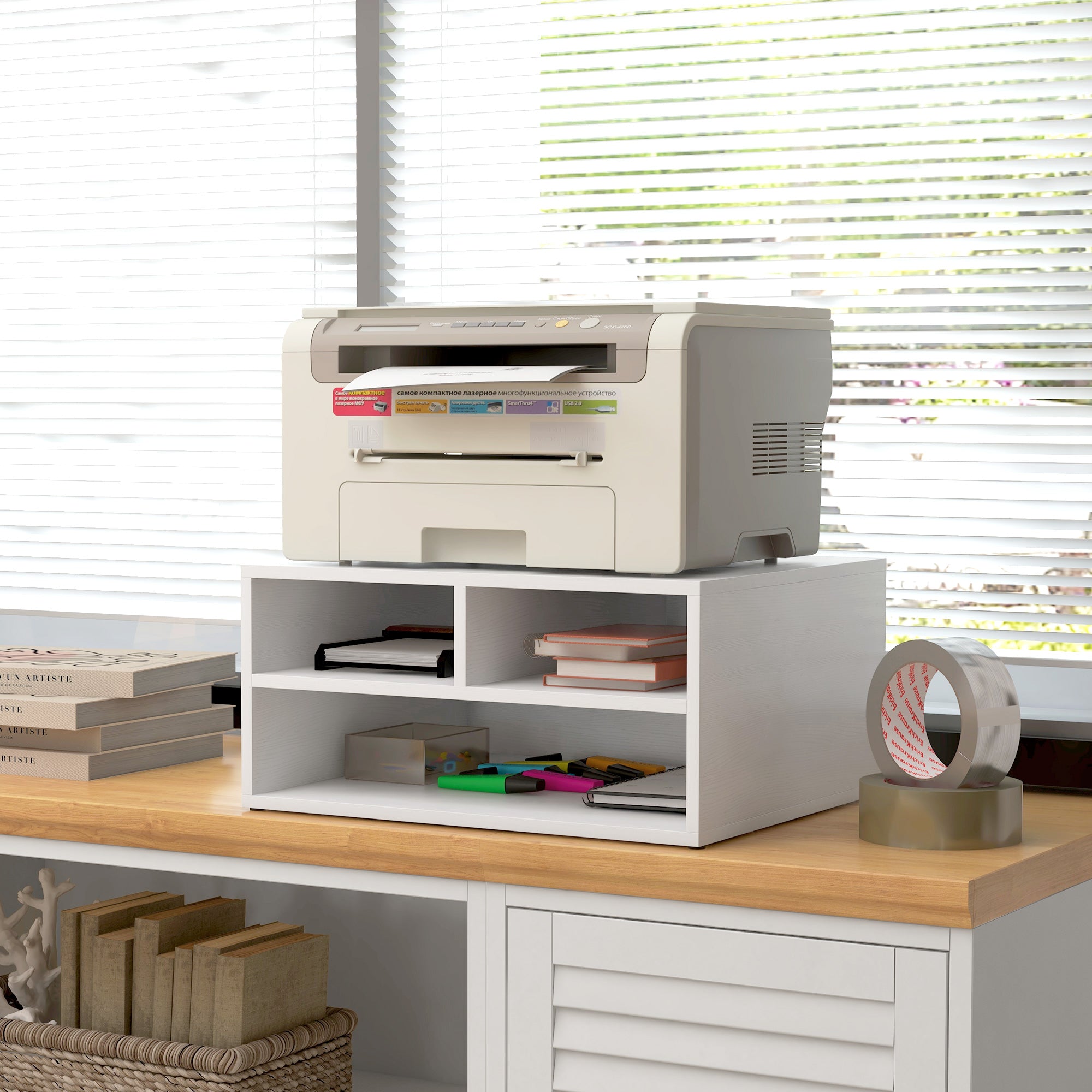Printer Storage Cabinet, Three-Compartment, White