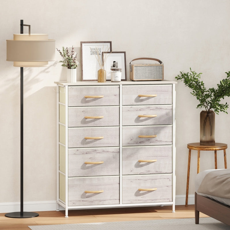 Chest of Drawers, Ten Fabric Drawers, Natural Wood Finish