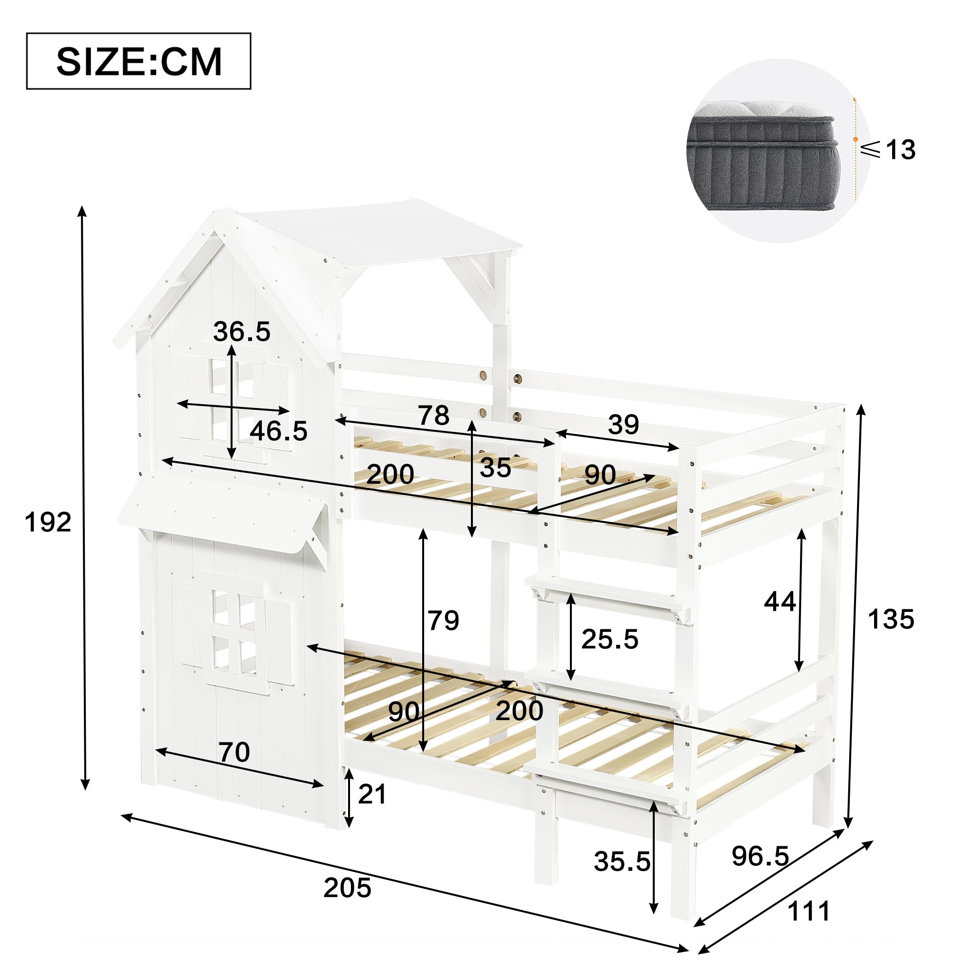 Bunk Bed Kids House, Safety Rails Ladder Slatted Base, Pine/MDF/Plywood White 90x200cm