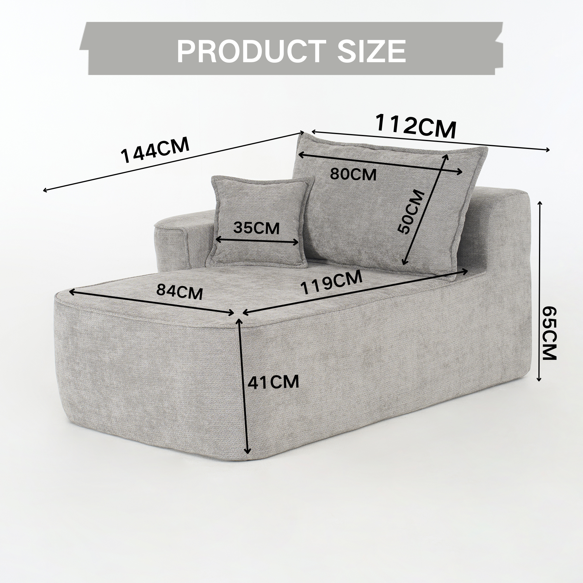 Chaise Longue Soft Sofa Cushions Side Pockets - Grey