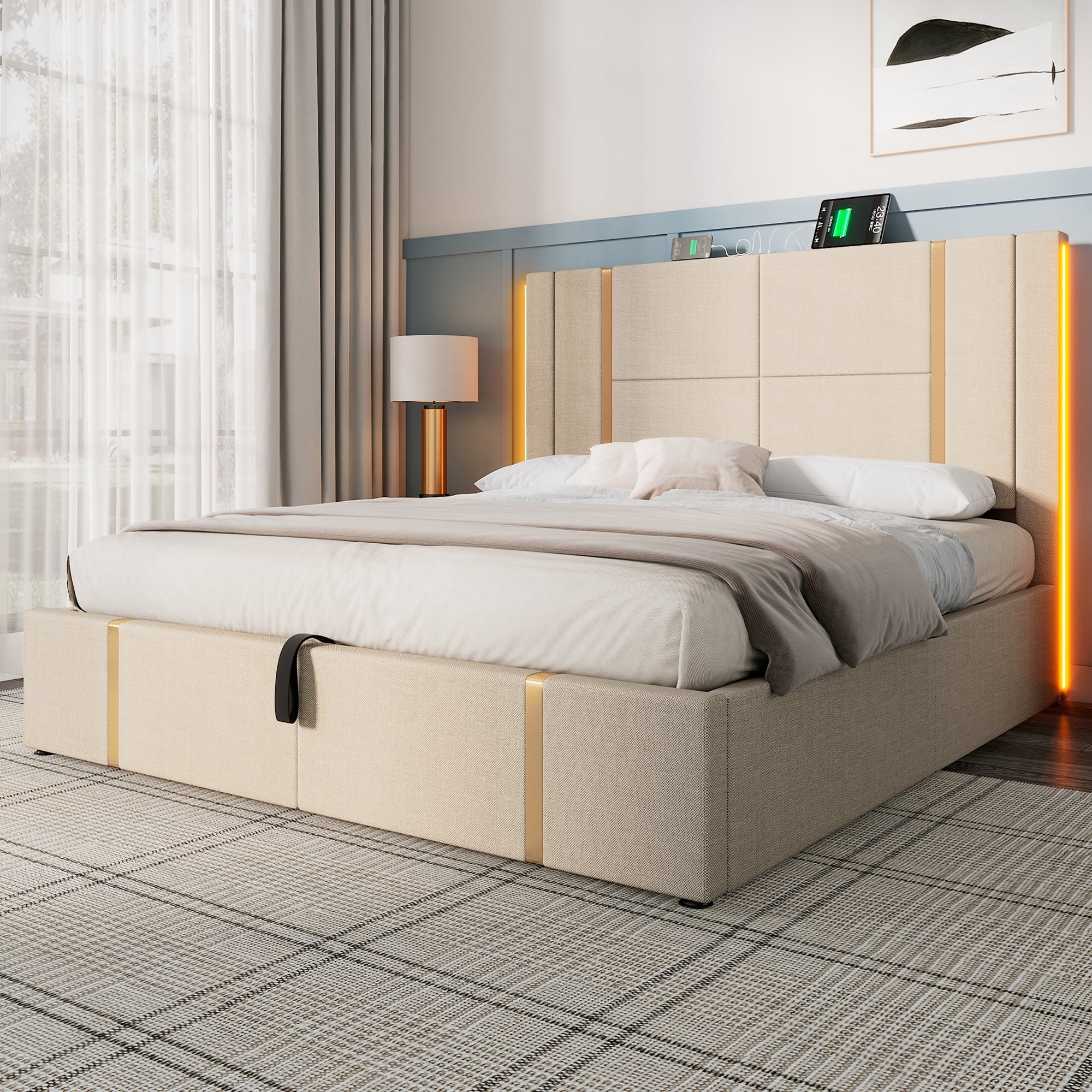 Upholstered Double Bed, USB C, APP Control, LED, Storage, Beige Linen