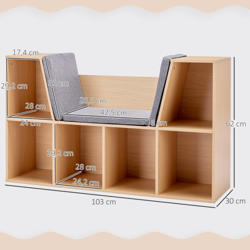 Children's Shelf Bookcase with Stool and 6 Compartments, Toy Box, Grey + Natural