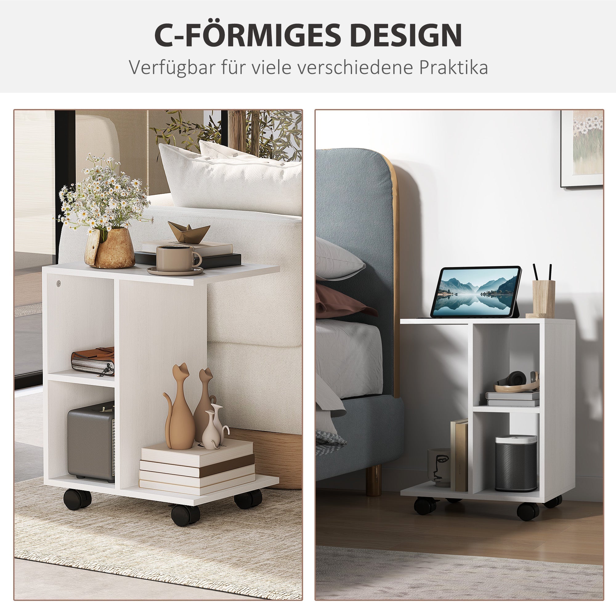 C-shaped Side Table Portable with Wheels 45 x 35 x 58 cm, White
