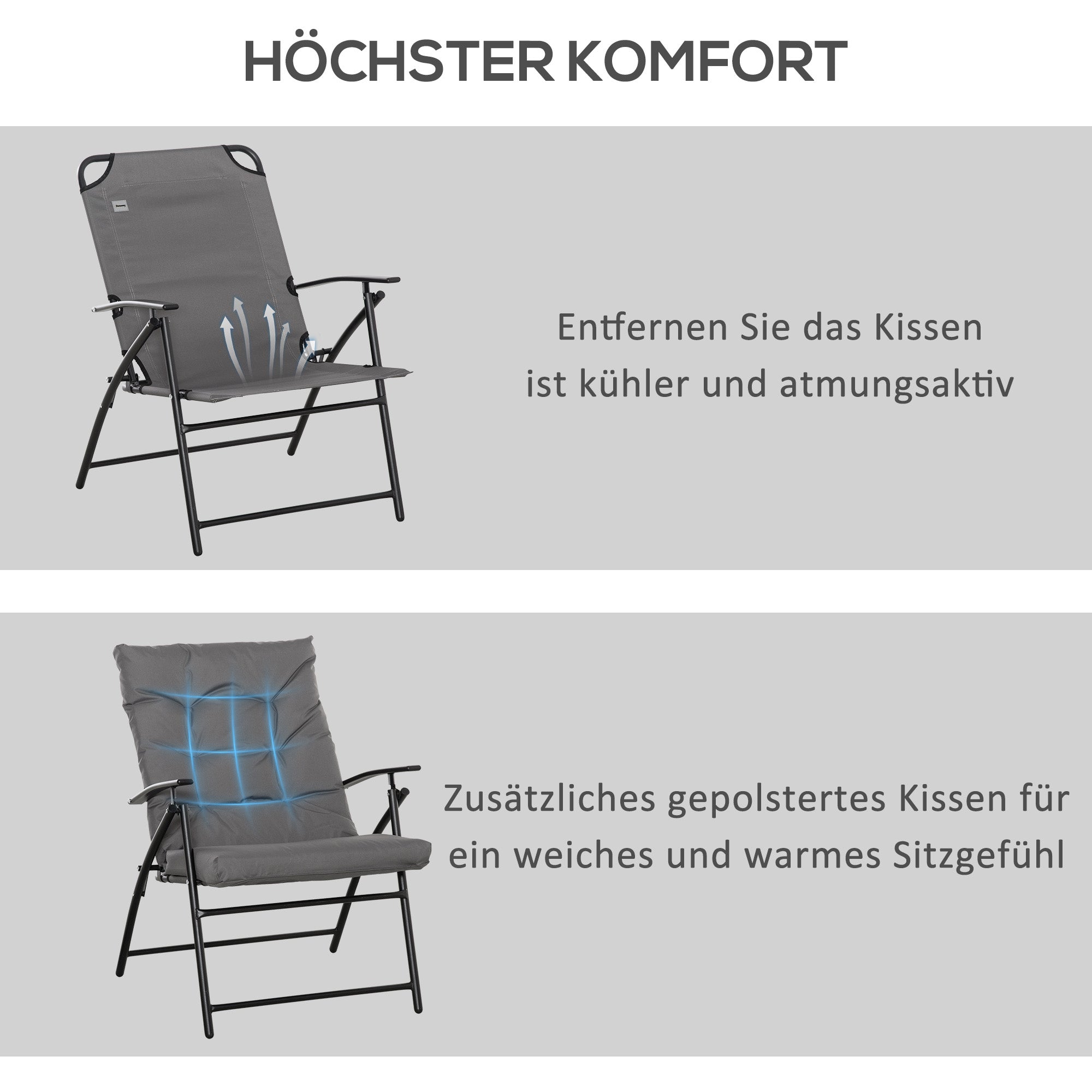 Camping Chair Foldable, Adjustable Backrest, Metal, Oxford, Gray