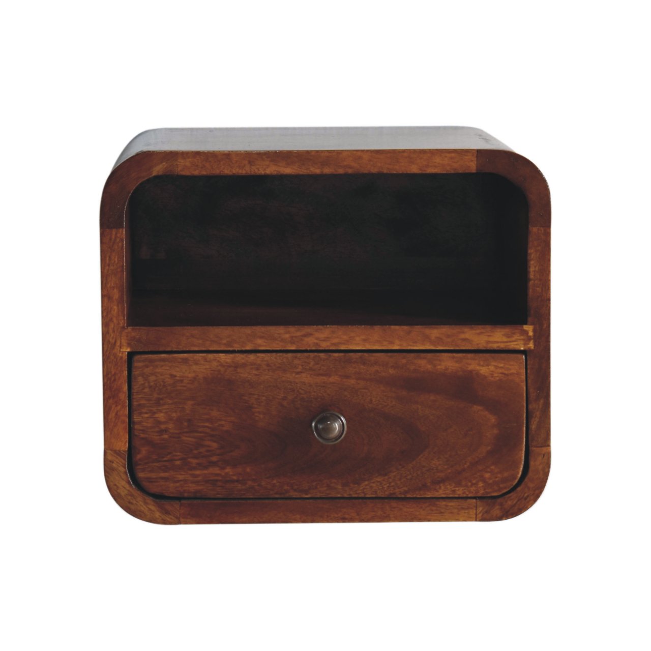 Extra Mini Bedside, Wall Mounted Curved 1 Drawer Open Slot, Solid Wood Dark Brown