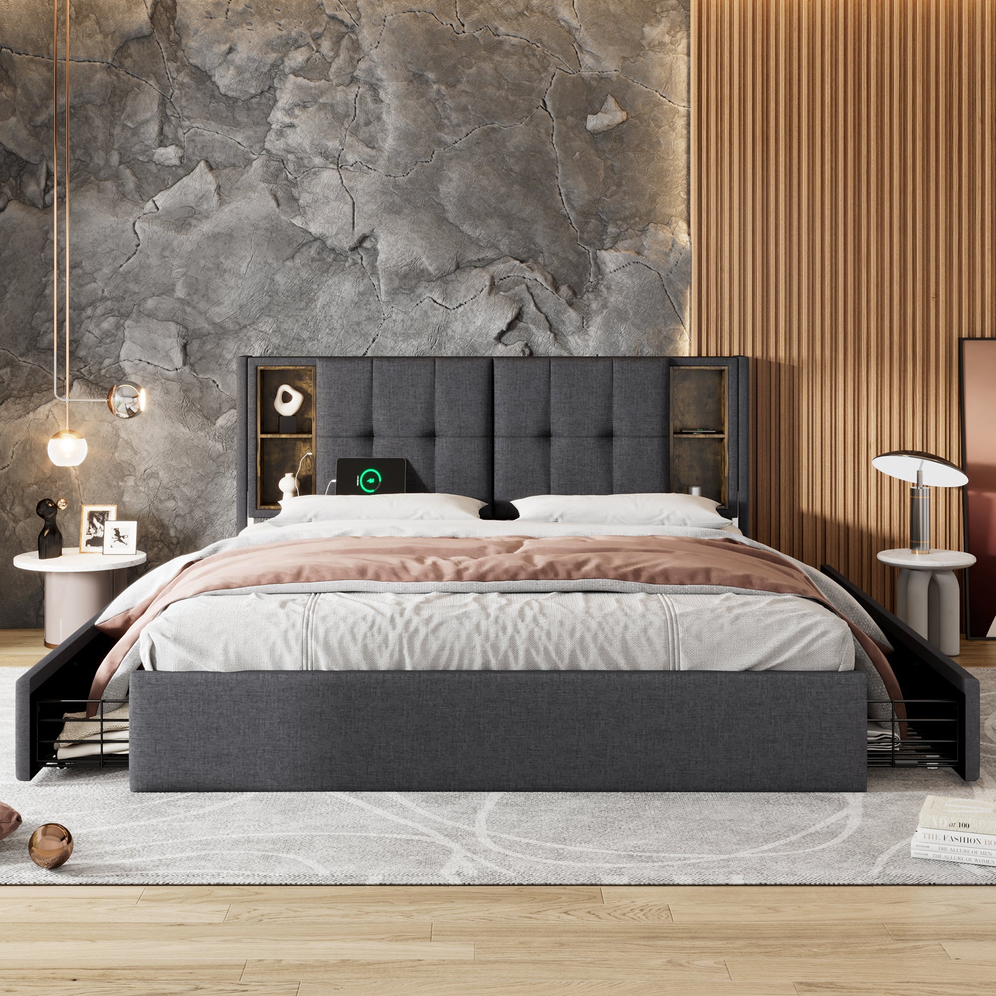 Double Bed with Wireless Charging & 4 Drawers, 160x200cm, Grey Linen