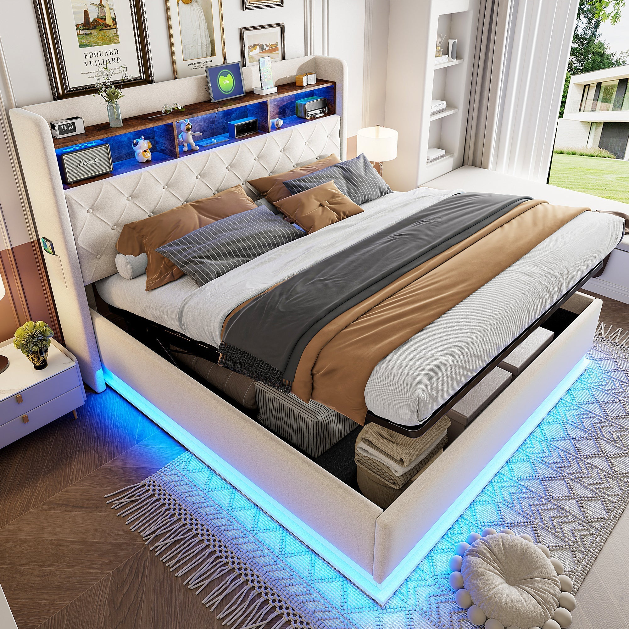 LED Upholstered Bed with USB & Hydraulic Storage, Linen Beige