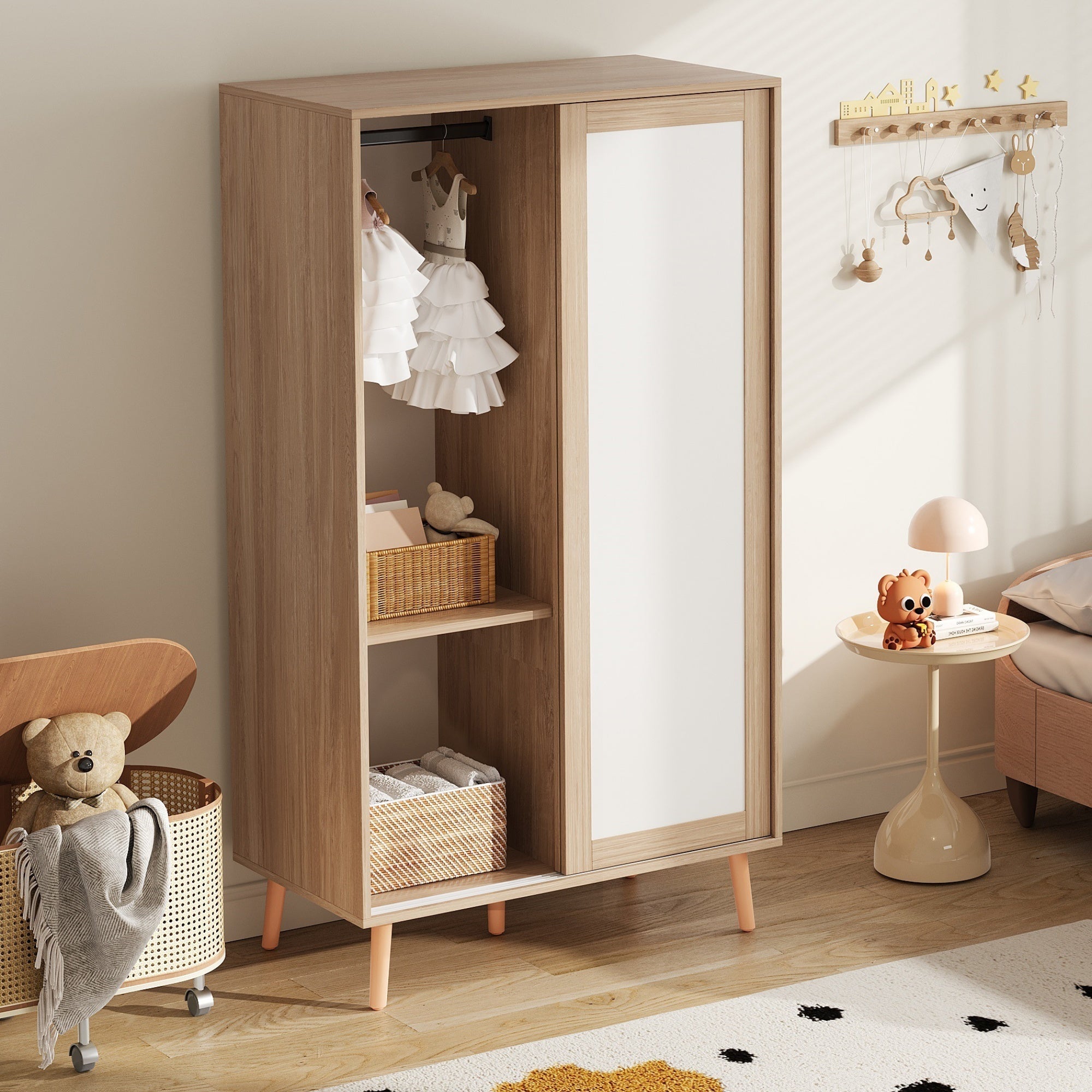 Children's Wardrobe Sliding Door Clothes Rail Solid Wood Legs, White/Natural Wood