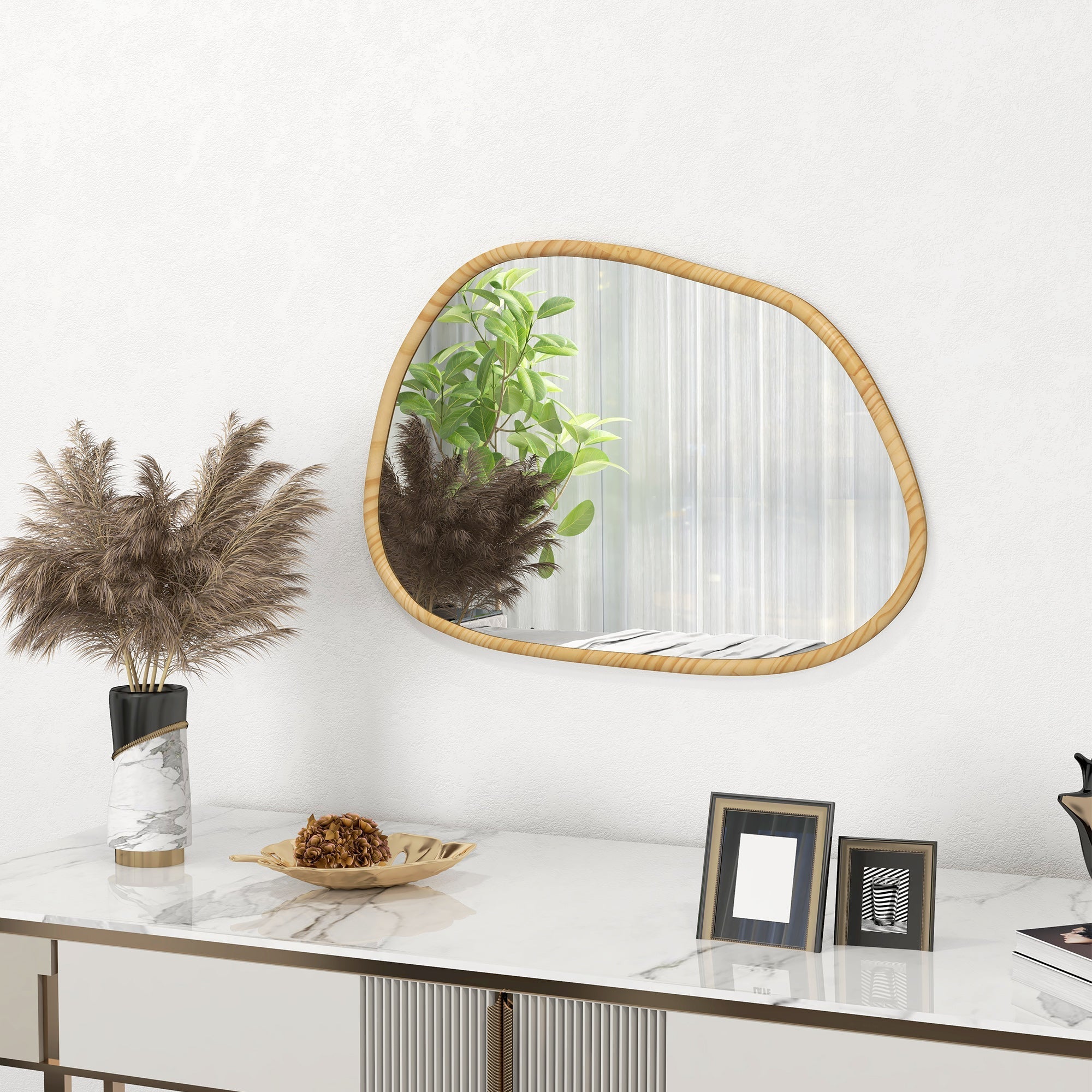 Asymmetrical Wall Mirror 70x50cm Antioxidant Wooden Frame, Natural