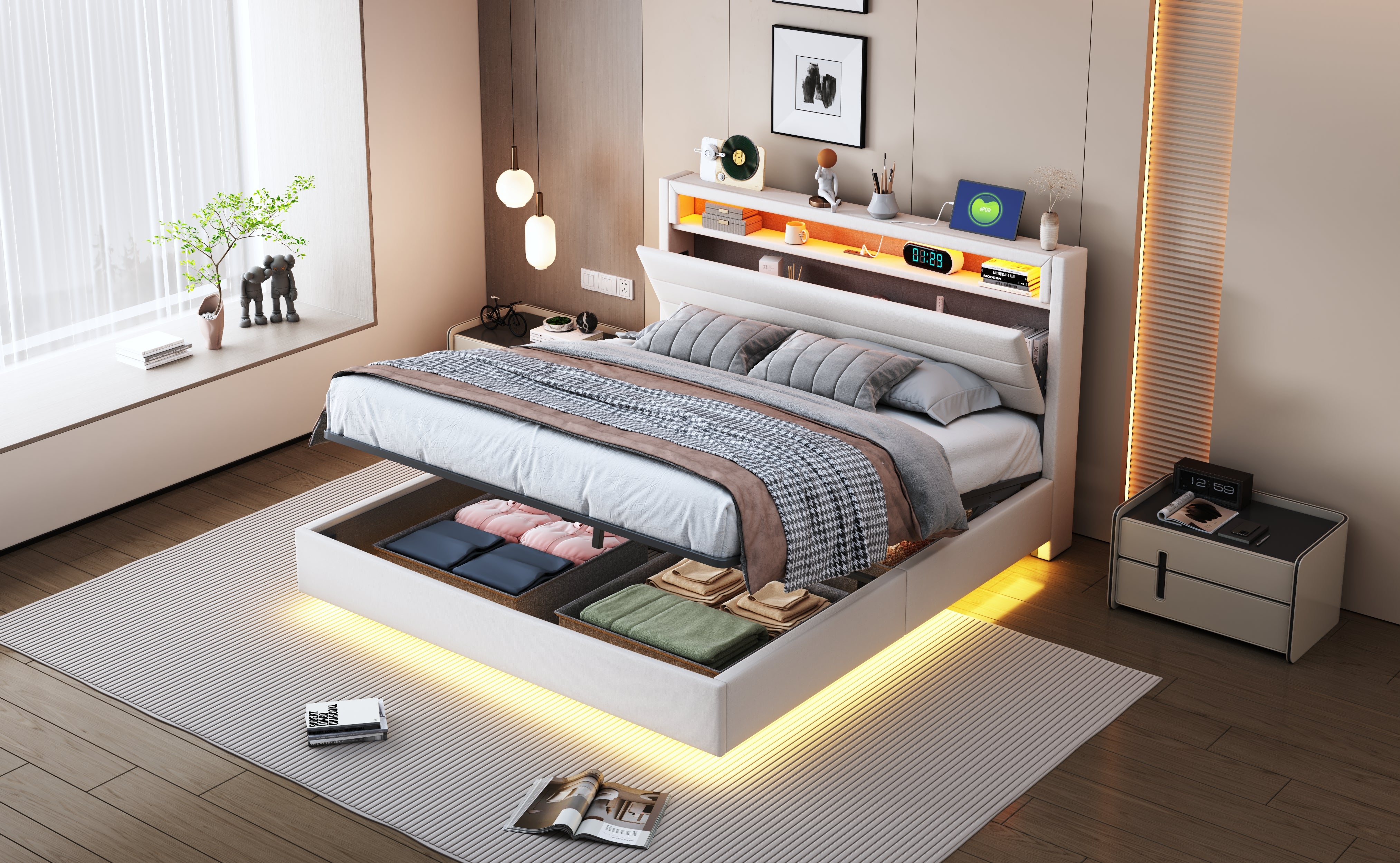 Upholstered Bed 140x200 cm with Hydraulic Storage, USB & LED Light, Reversible Headboard, Linen Beige