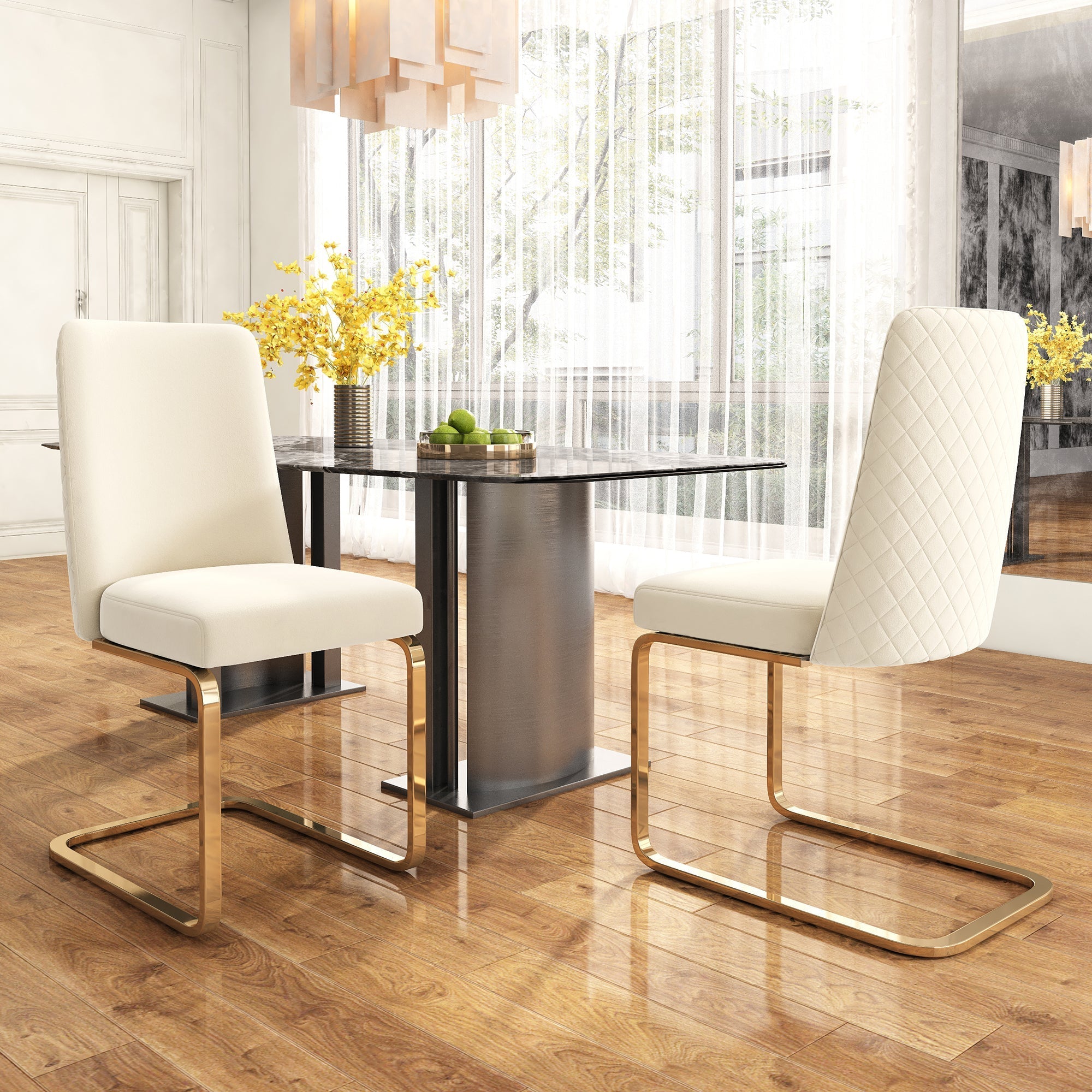 Velvet Dining Chair Set of 6, Diamond Back Design with Gold Metal Legs, Beige