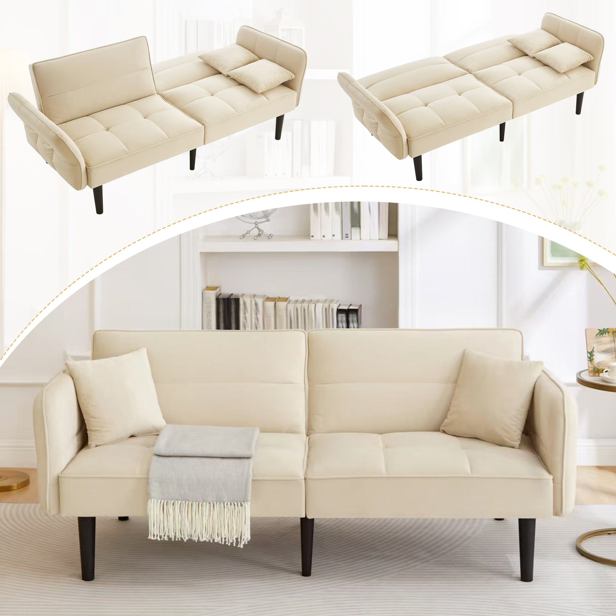 2-in-1 Adjustable Sofa Bed, Two-seater with Folding Armrests and Sleeping Function, Velvet