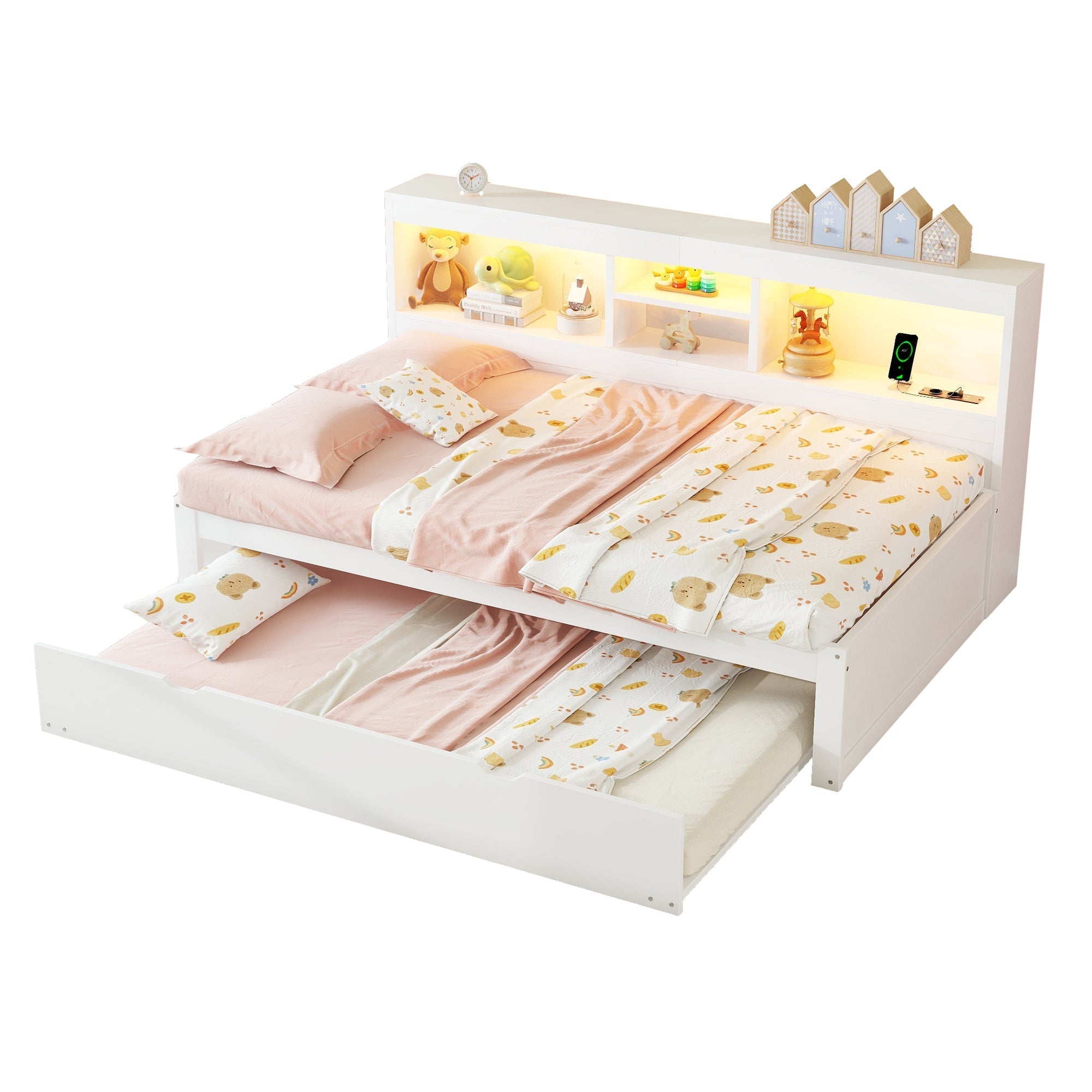 Daybed Sofa Bed 90x200cm Pull-out LED Storage USB/Power - White