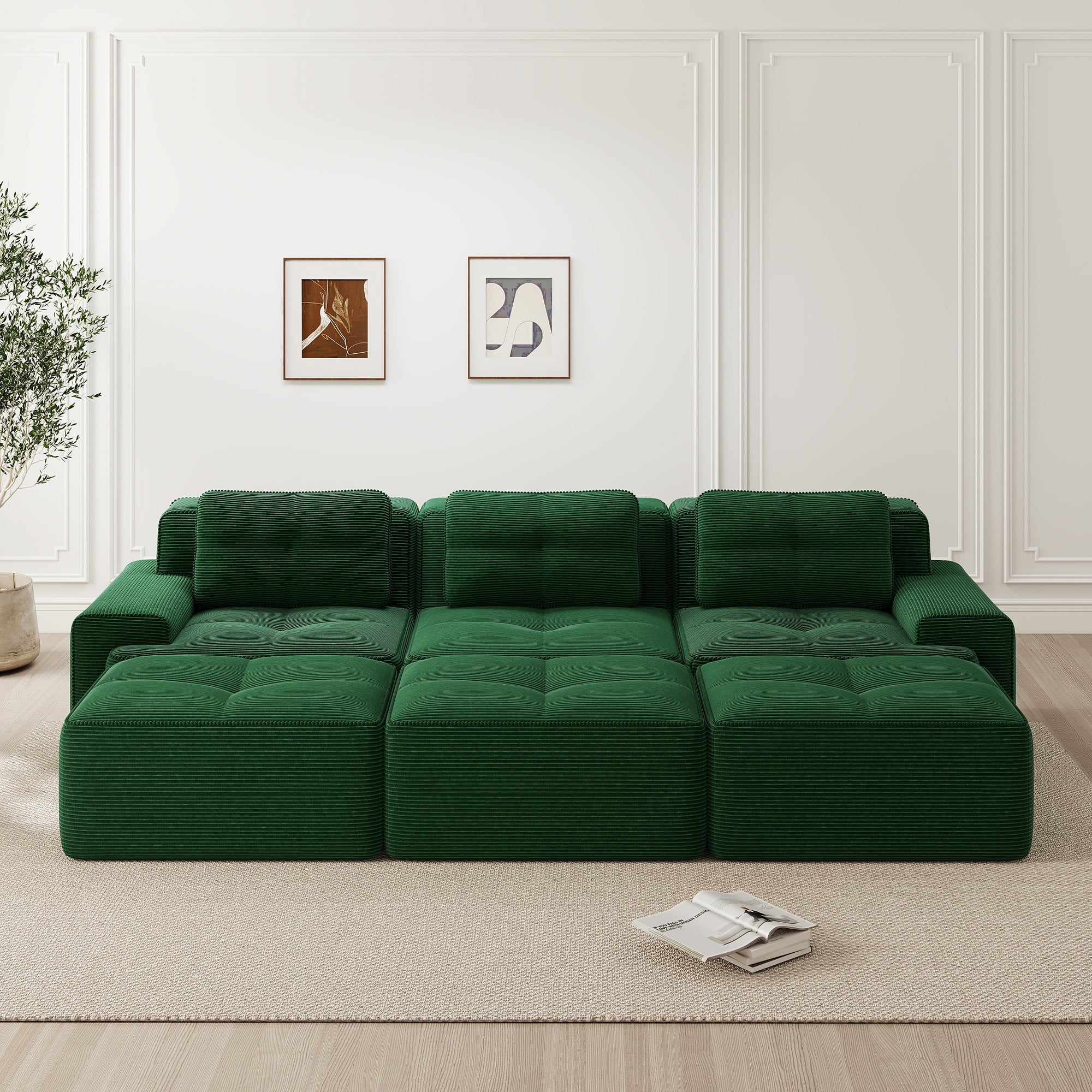 Frameless Modular Corner Sofa Sleeper with 3 Ottomans - Green Corduroy
