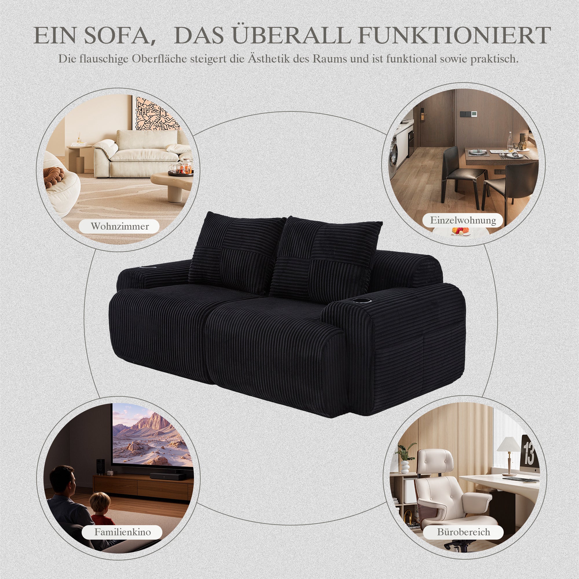 Modular Corduroy Sofa for 2 People, Combinable with Cup Holder and Storage Pocket, Black
