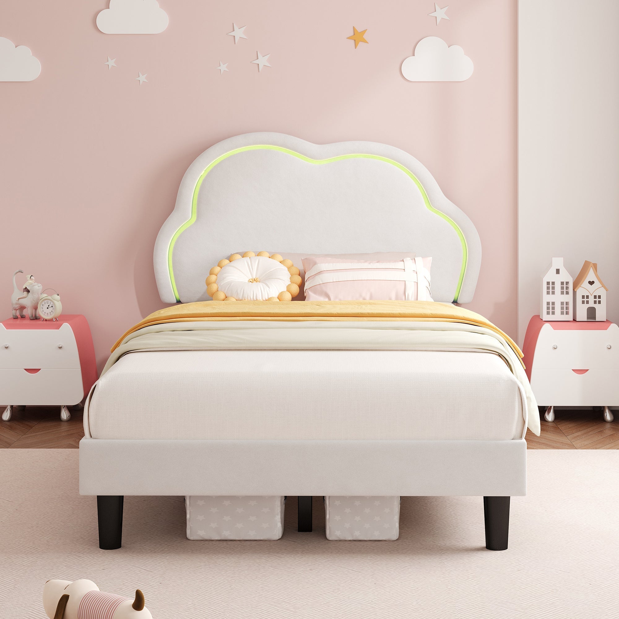 3ft Single Upholstered Bed with LED Adjustable Cute Cloud Headboard, Soft Velvet Bed Frame with Solid Wood Slat, Cream White