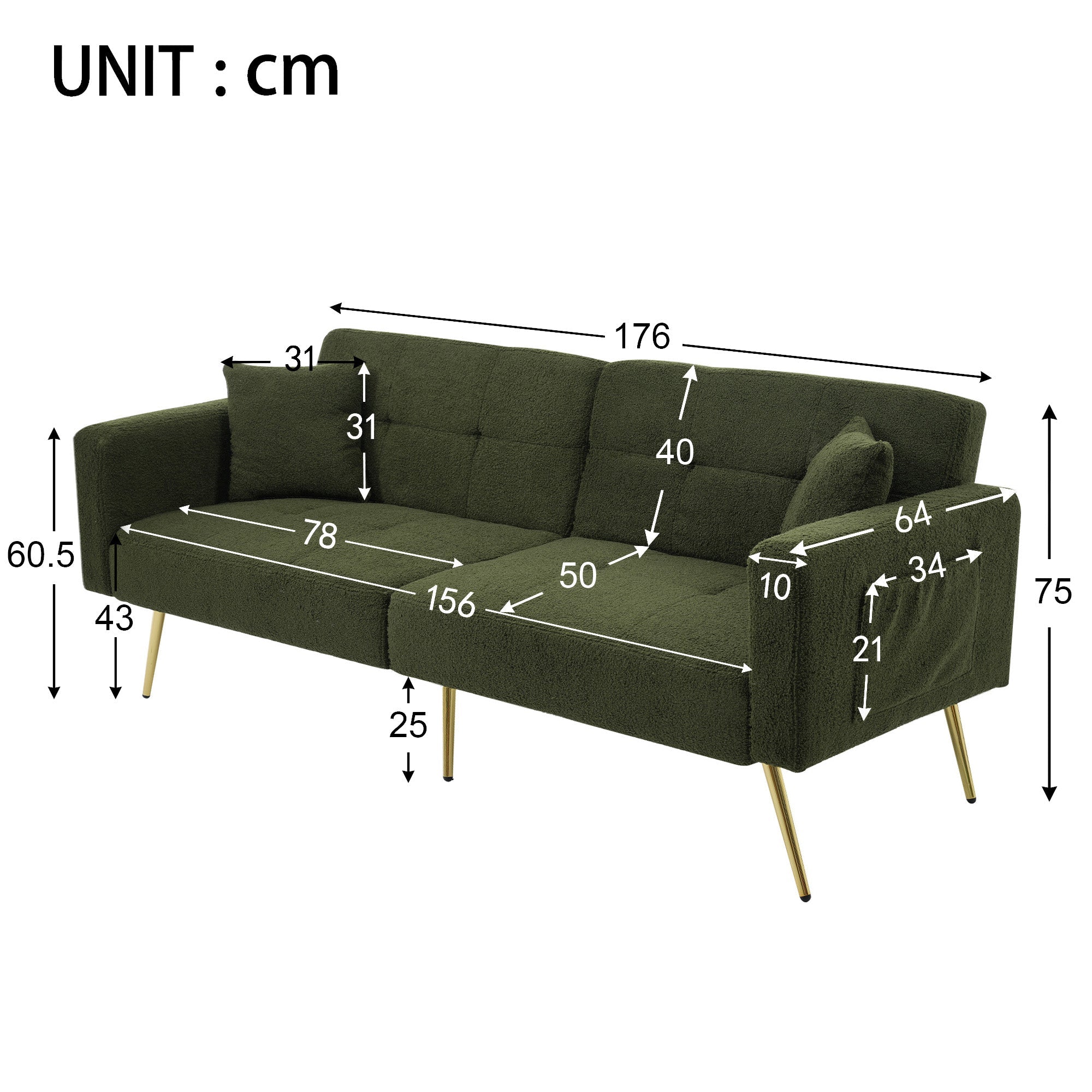 Sofa Bed with 3 Adjustable Backrest Angles and Storage Pockets, Gold Legs