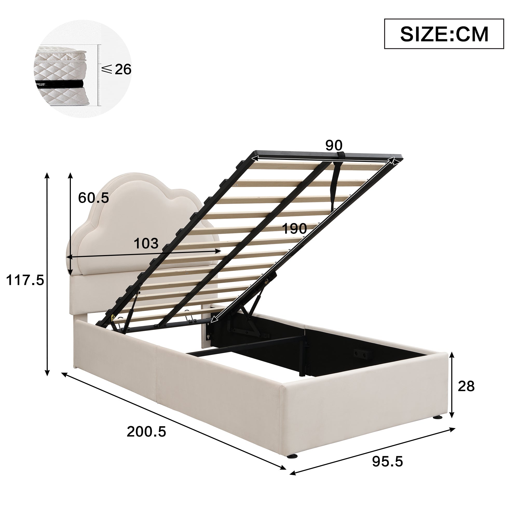 Upholstered Bed, 3ft Single Hydraulic Storage with Cloud Backrest, Beige Velvet