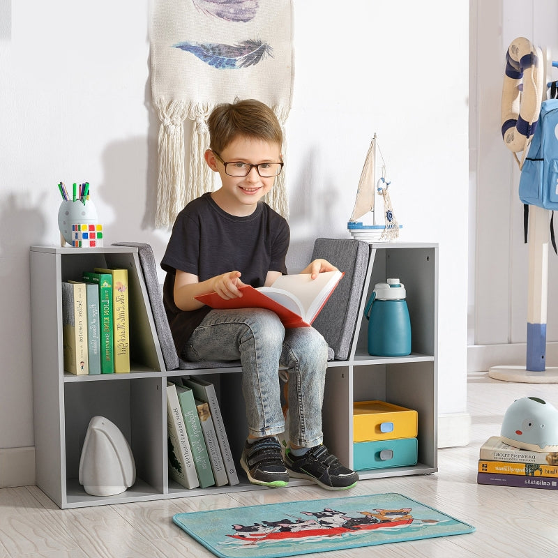 Children's Shelf Bookcase, Stool Bench 6 Compartments Toy Box, Grey
