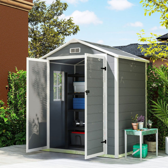 6'x4.5' Garden Storage Shed Lockable Double Doors Window Vent Plastic Roof Grey