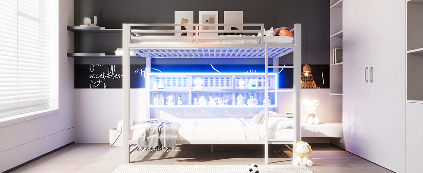140x200 Bunk Bed with Storage Cabinets and LED Light, White
