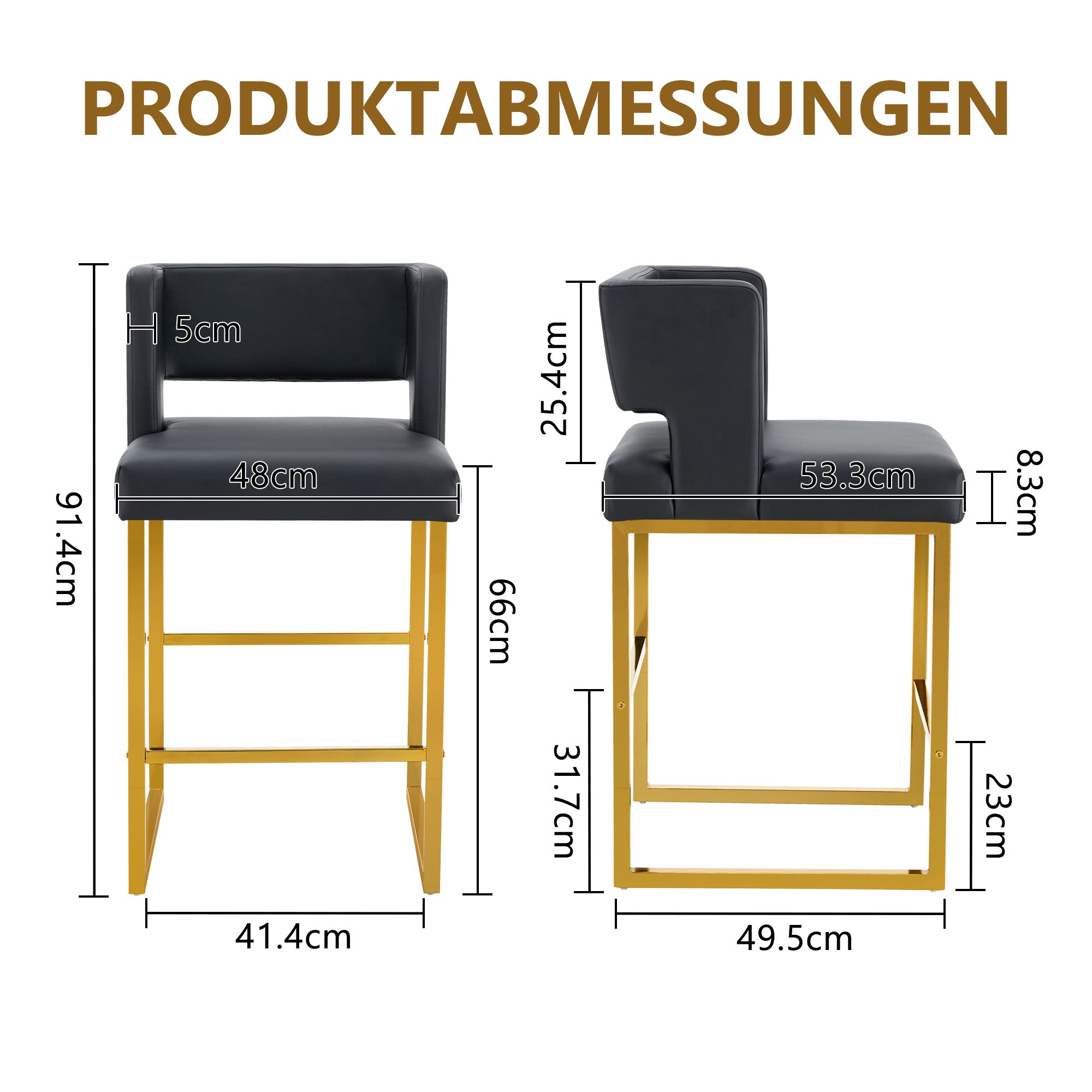 Bar Stools Set of 2 Nordic Square Gold Metal Legs - Black