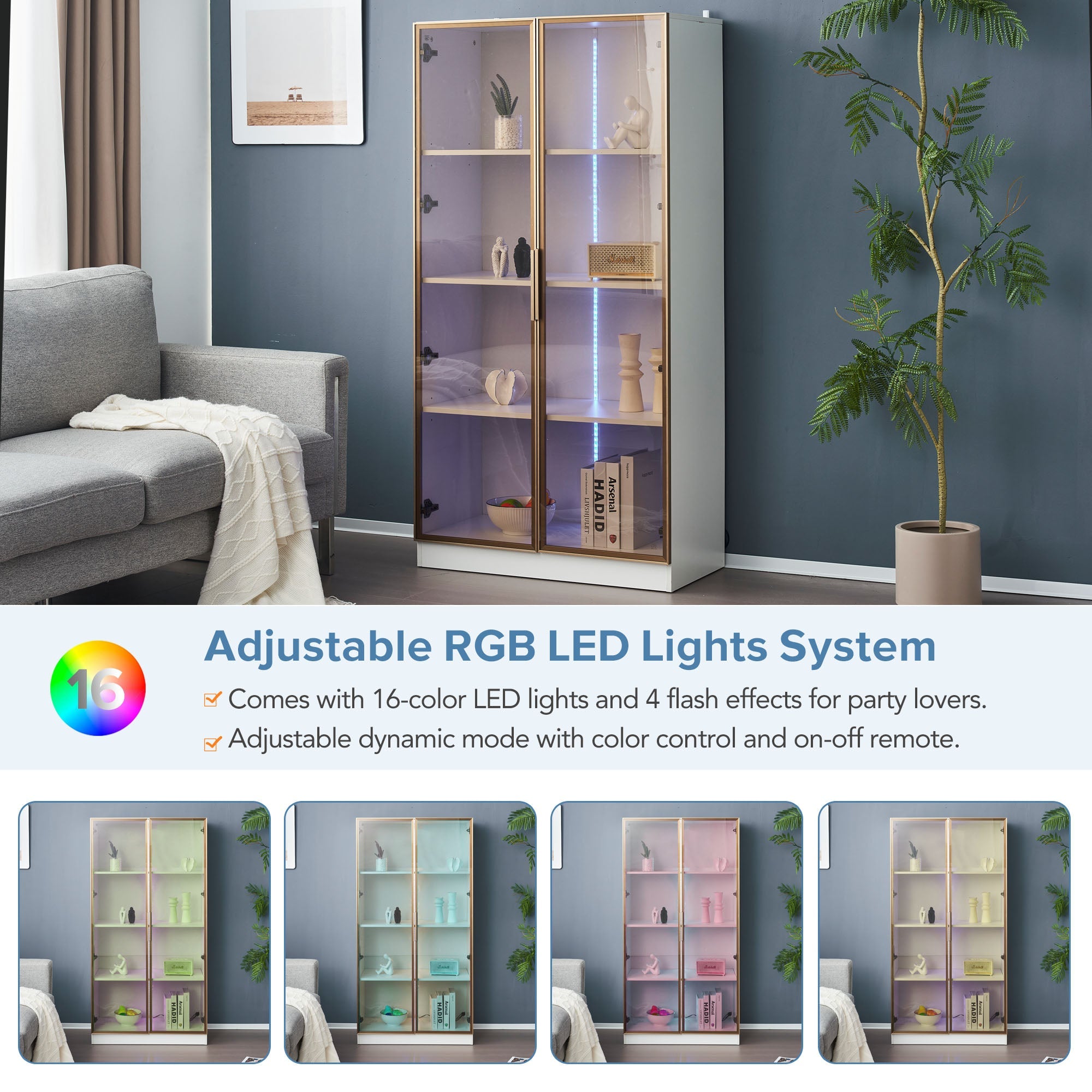Modern Living Room Set: Two Glass Display Cabinets with LED Lighting, Adjustable Shelves, White Platinum Finish