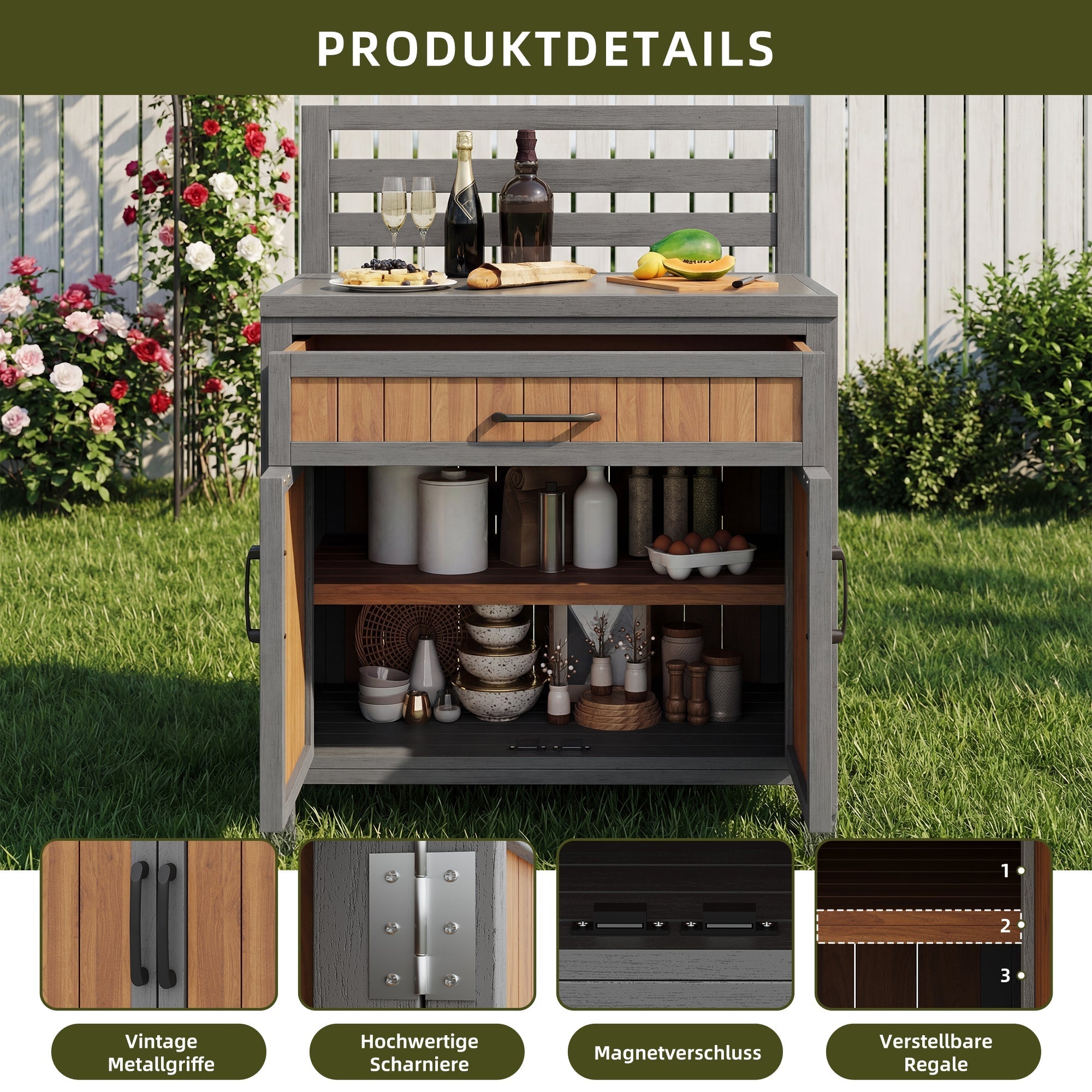 Wooden Garden Cabinet with Work Surface and Adjustable Shelves, Weatherproof Wood