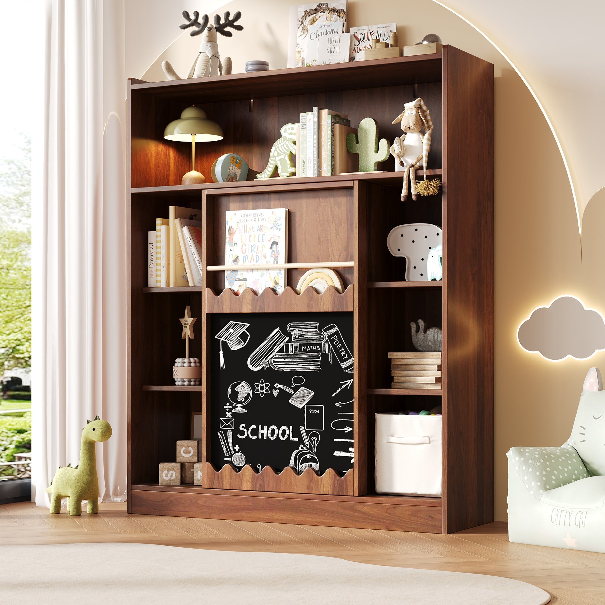 Bookshelf Chalkboard Sliding Doors 9-Compartment Storage, Walnut Color