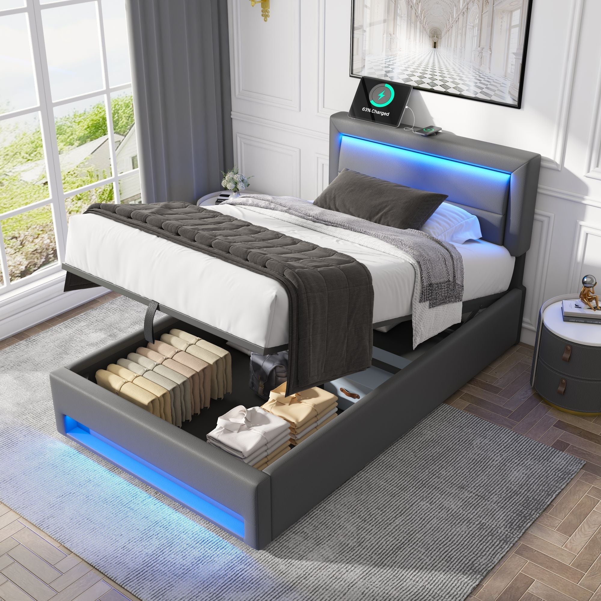 Upholstered Bed 90x190cm USB Charging LED Lighting Storage PU Lychee Grey