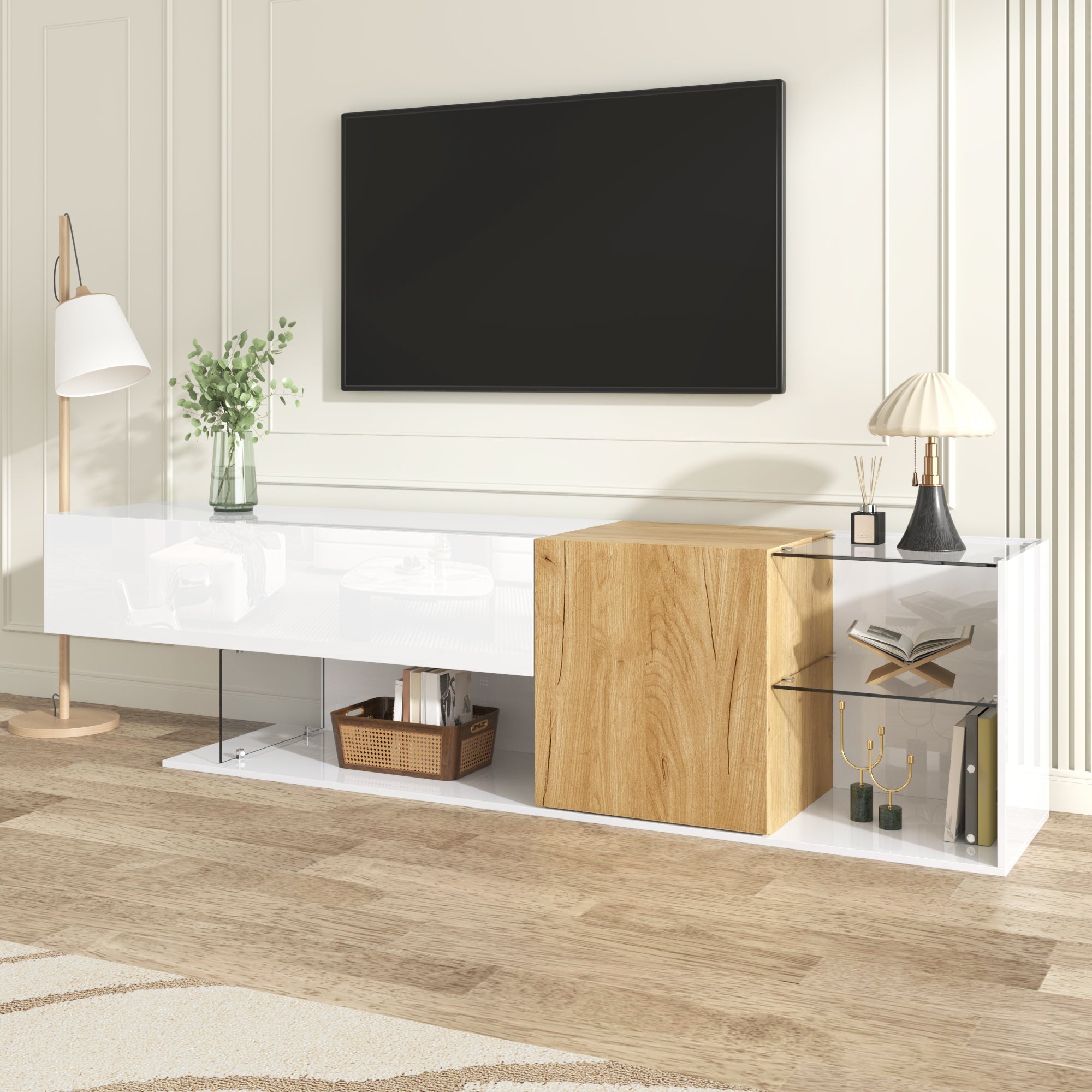 TV Cabinet, Modern High-Gloss with Glass Shelves, White Wood