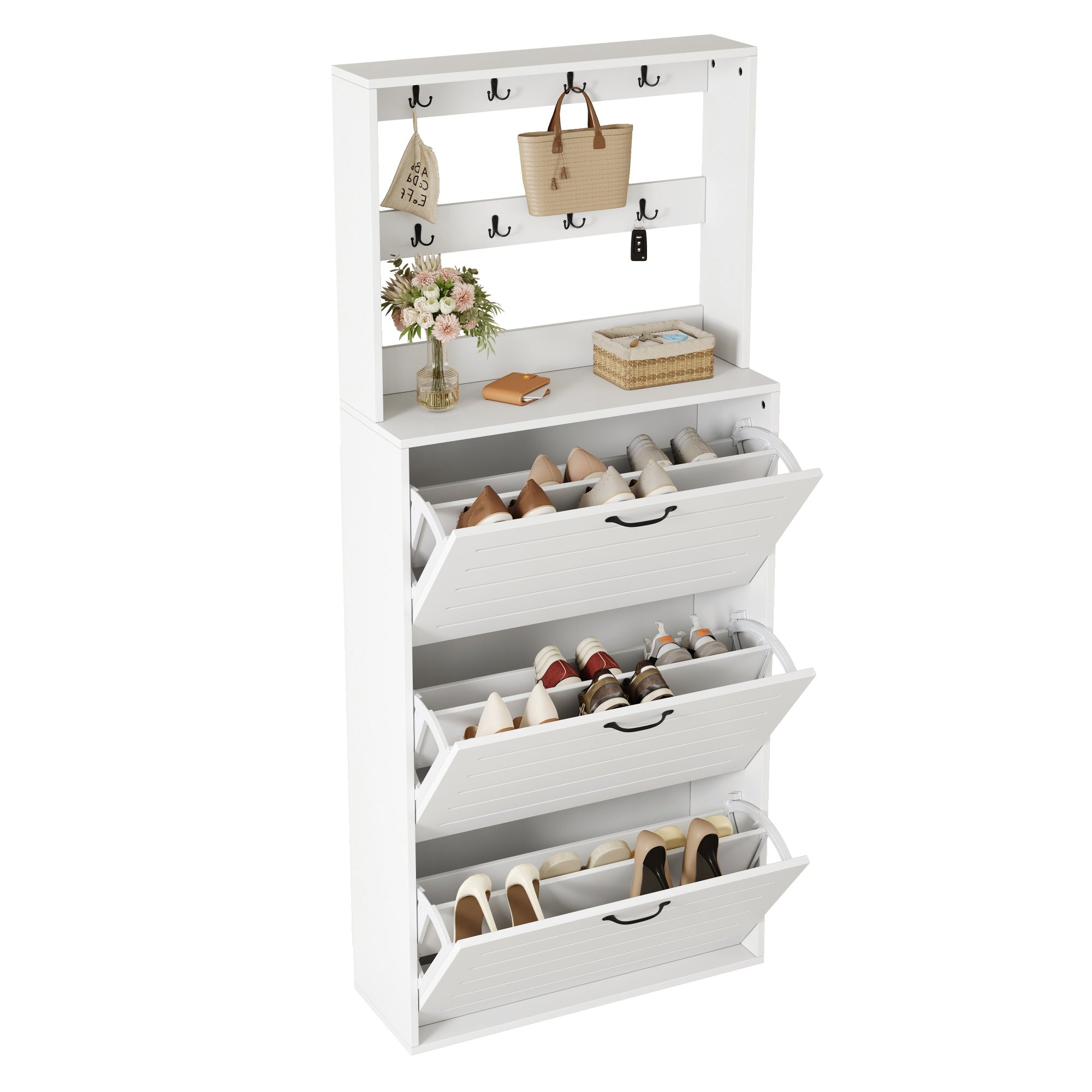 Shoe Cabinet with 3 Doors, Hooks, 15 Pairs Capacity
