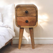 Solid Wood Bedside, Extra Mini Curved 2 Drawers, Brown