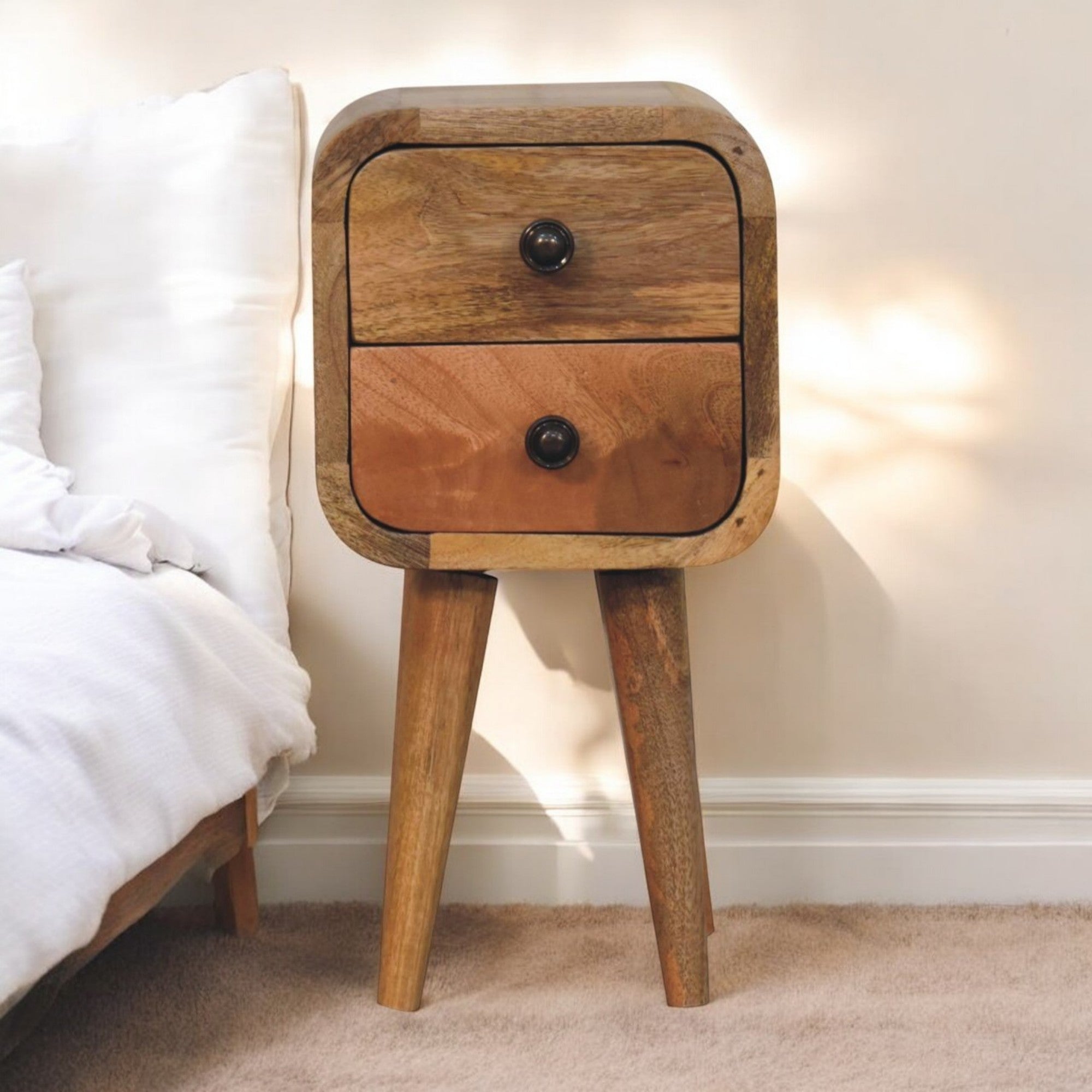 Solid Wood Bedside, Extra Mini Curved 2 Drawers, Brown