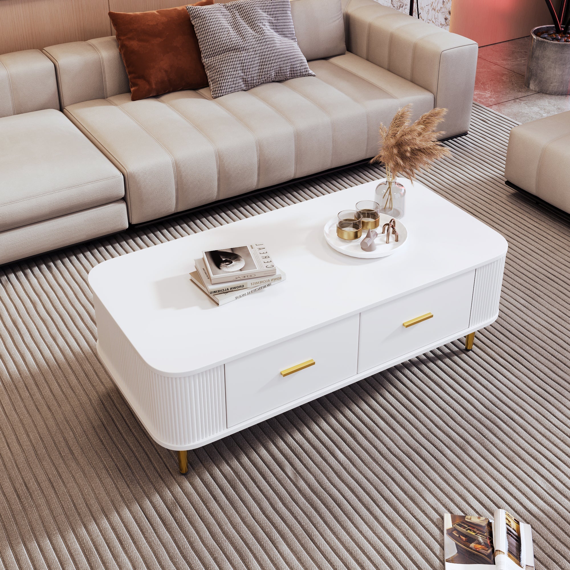 Coffee Table with Drawers, Curved Corners, Wavy Sides, Gold