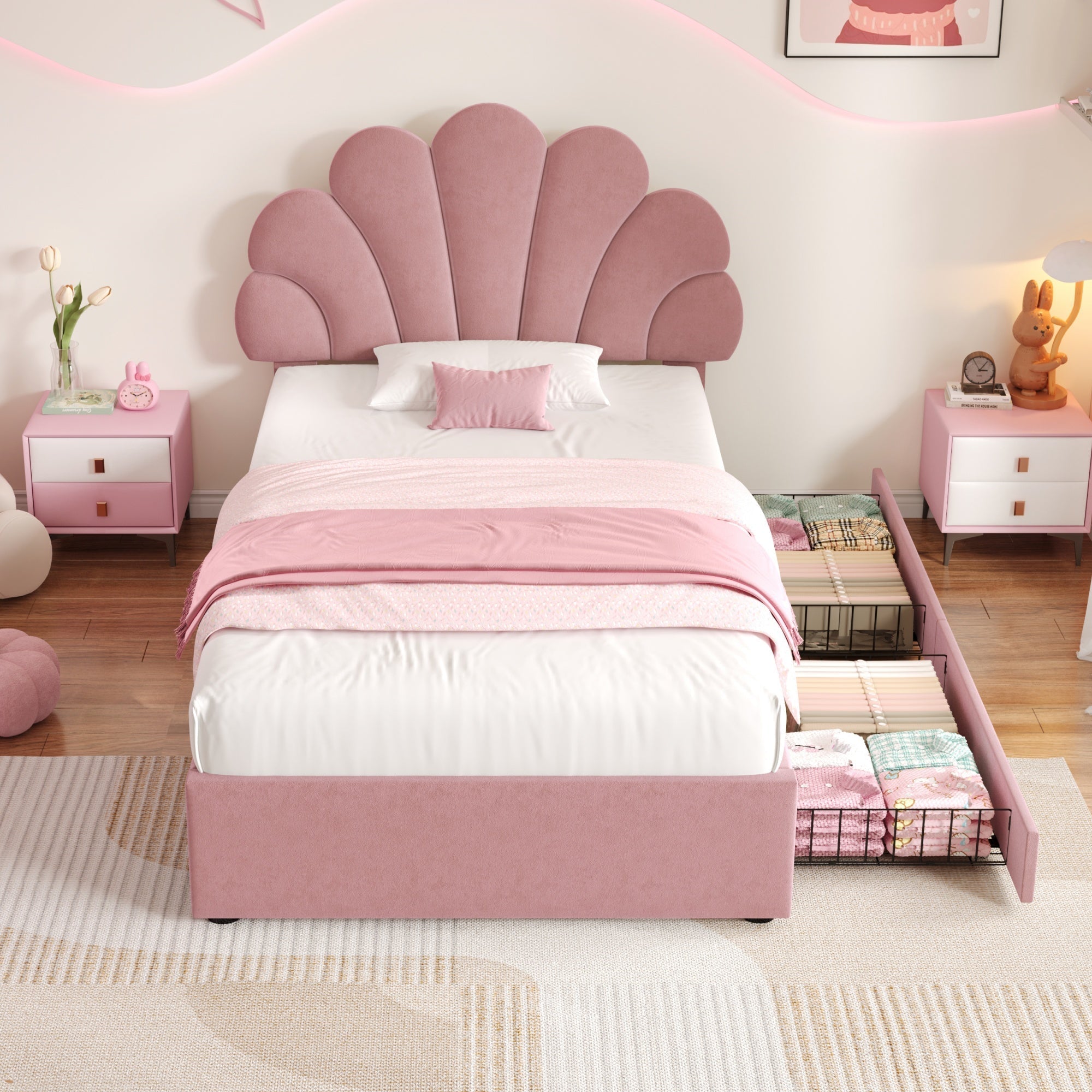 Adjustable Chic Petal Headboard 3ft Single Upholstered Bed with 2 Storage Drawers, Pink Velvet