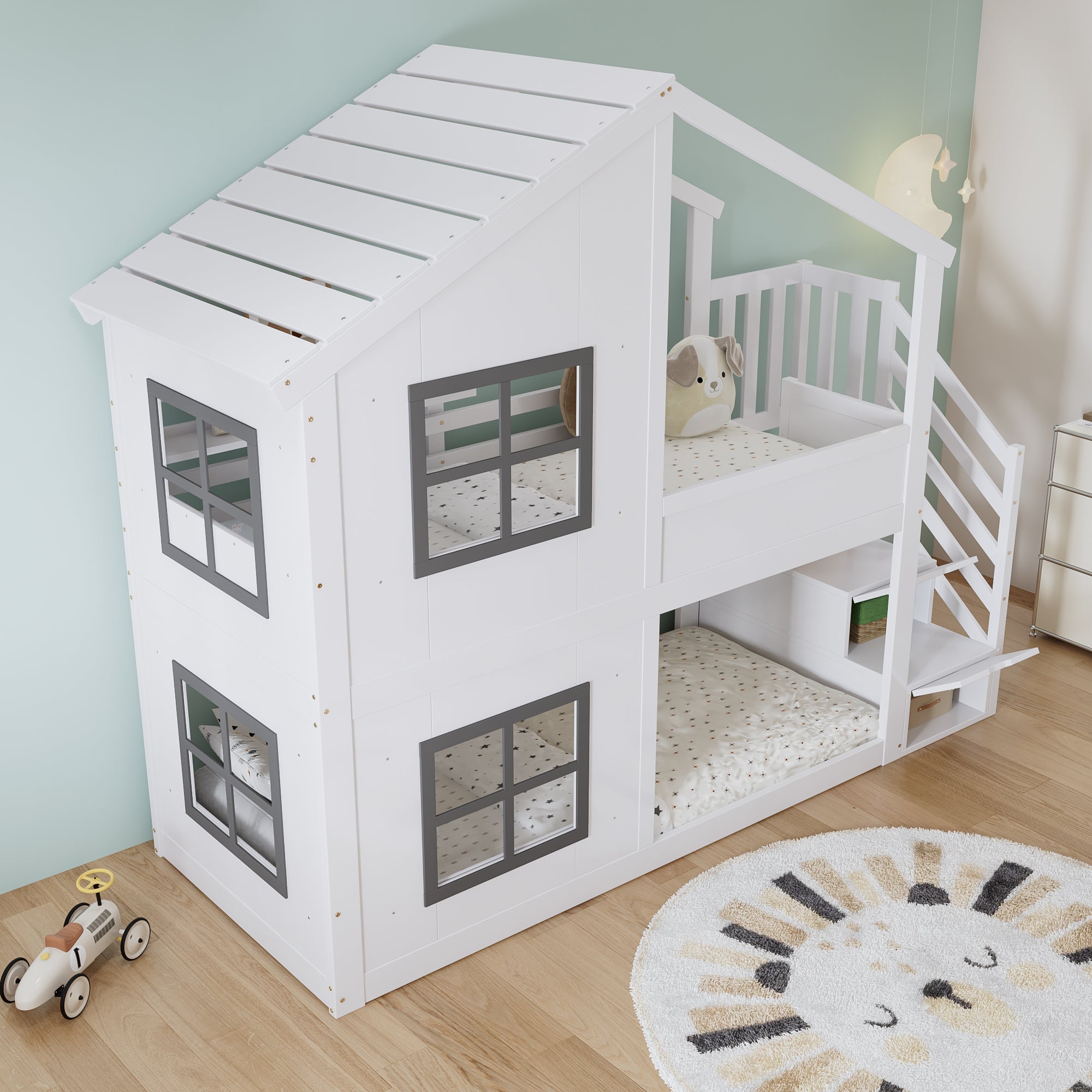 Children's Bunk Bed with Windows, Roof and Storage Cabinet, White and Grey