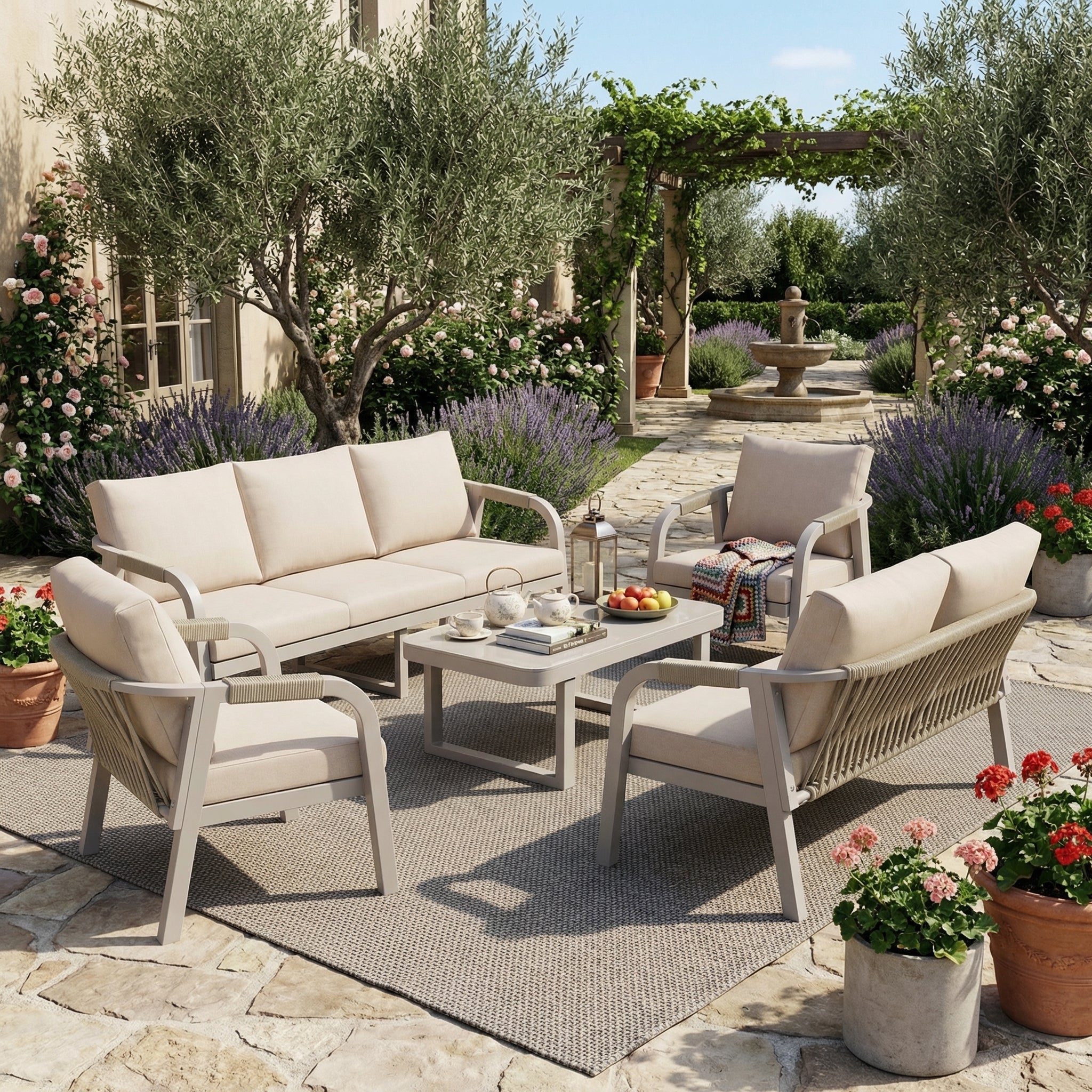 Garden Lounge Set, 7-Seater with Sofa, Armchairs and Coffee Table, Beige Woven Rope